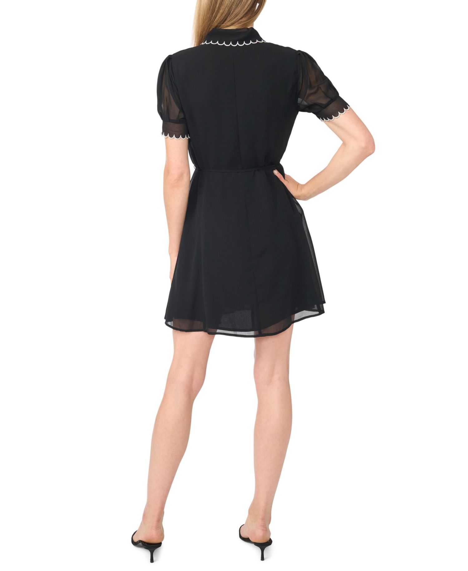 Women's Contrast Stitch Short-Sleeve Scallop Mini Dress With Tie Waist