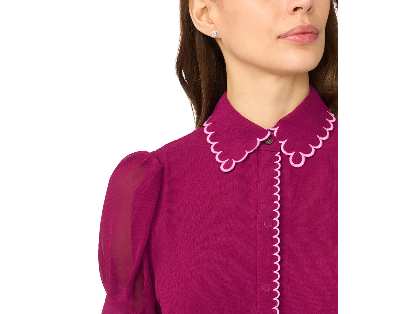 Женский топ CeCe Scallop Contrast Trim Button-Up Top, цвет: Глубокий шелковичный — фото 3