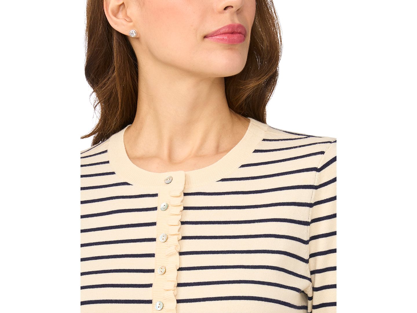 Женский кардиган CeCe Stripe Crew Neck Cardigan Sweater with Ruffle Trim, цвет: Ангора — фото 2