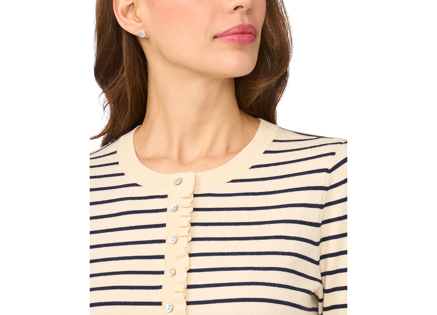 Women's Stripe Crew Neck Cardigan Sweater with Ruffle Trim