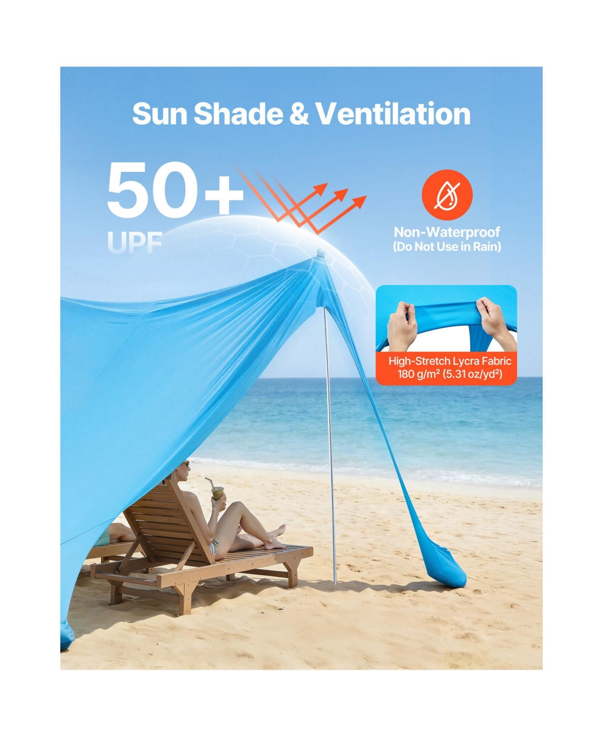 Mountaintop Beach Tent Sun Shelter, UPF50+ Pop-Up Canopy, 6.6ft Tall, Sandbags