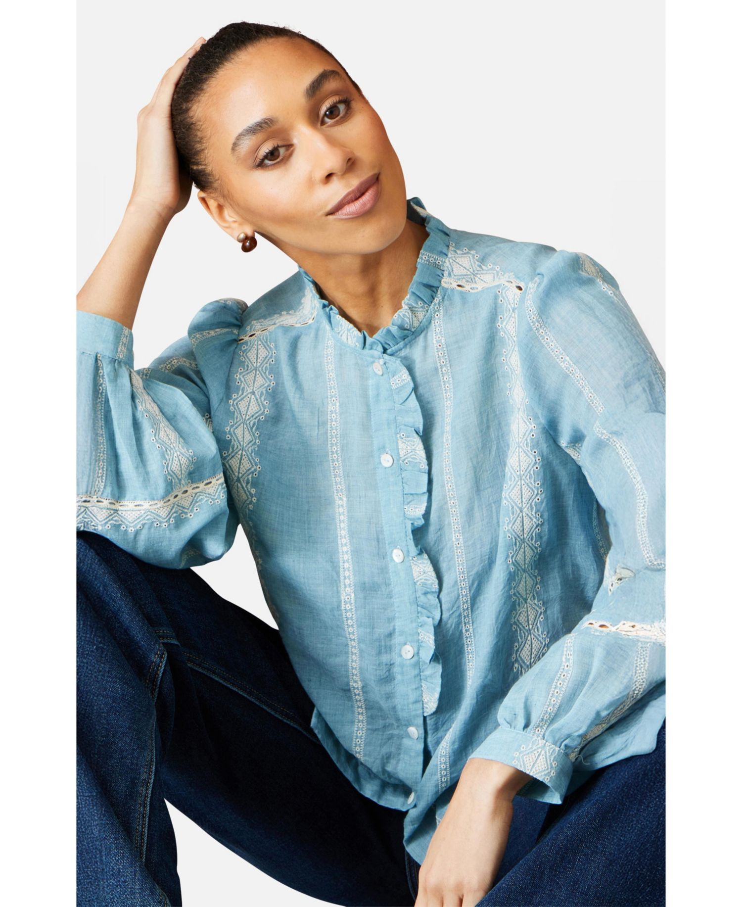 Women's Long-Sleeve Button-Up Mandarin Collar Blouse