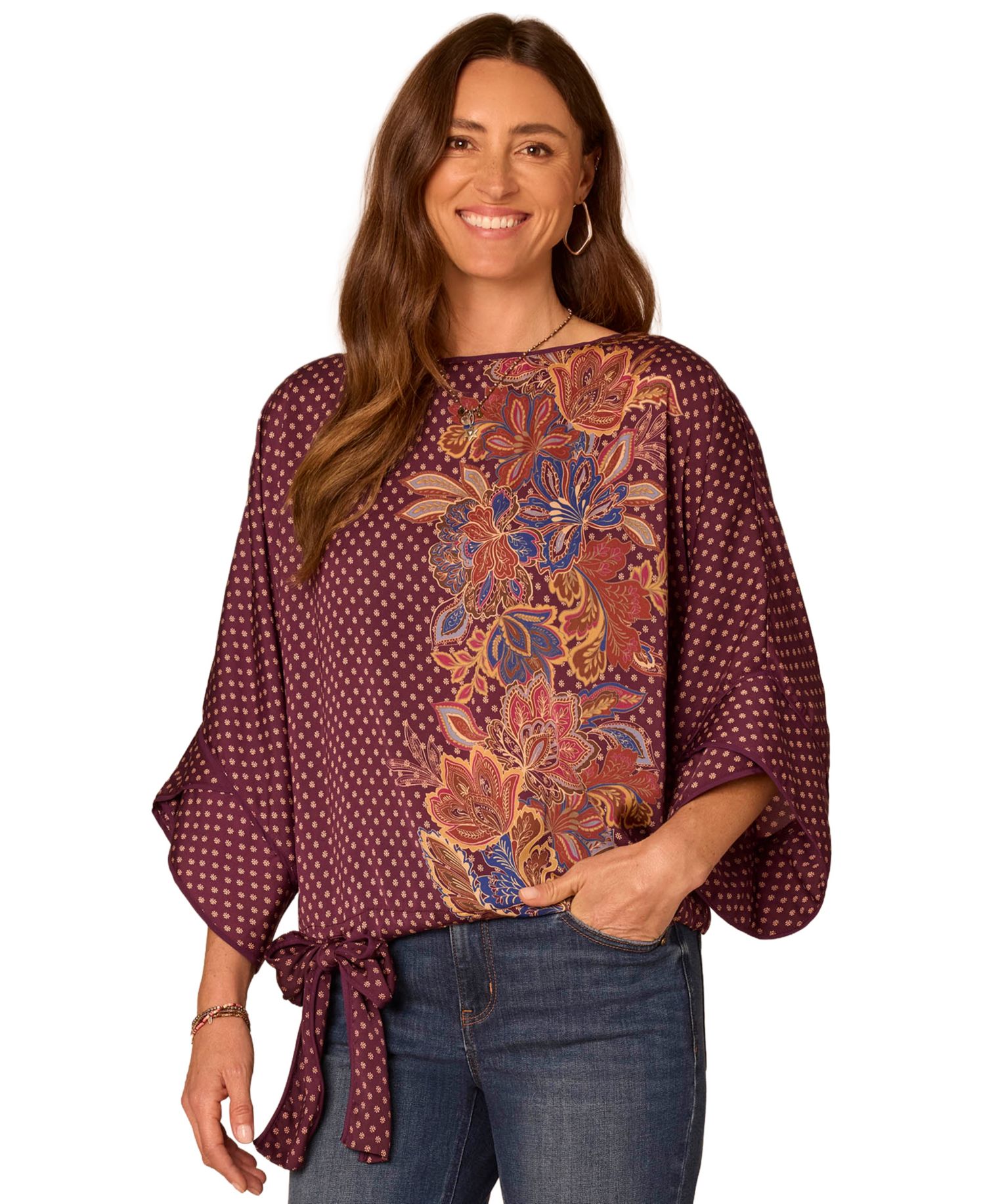 Petite 3/4 Dolman-Sleeve Boat-Neck Print Blouse