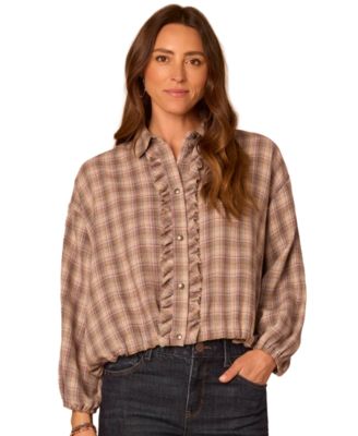 Petite Plaid Ruffle-Front Bubble-Hem Woven Blouse
