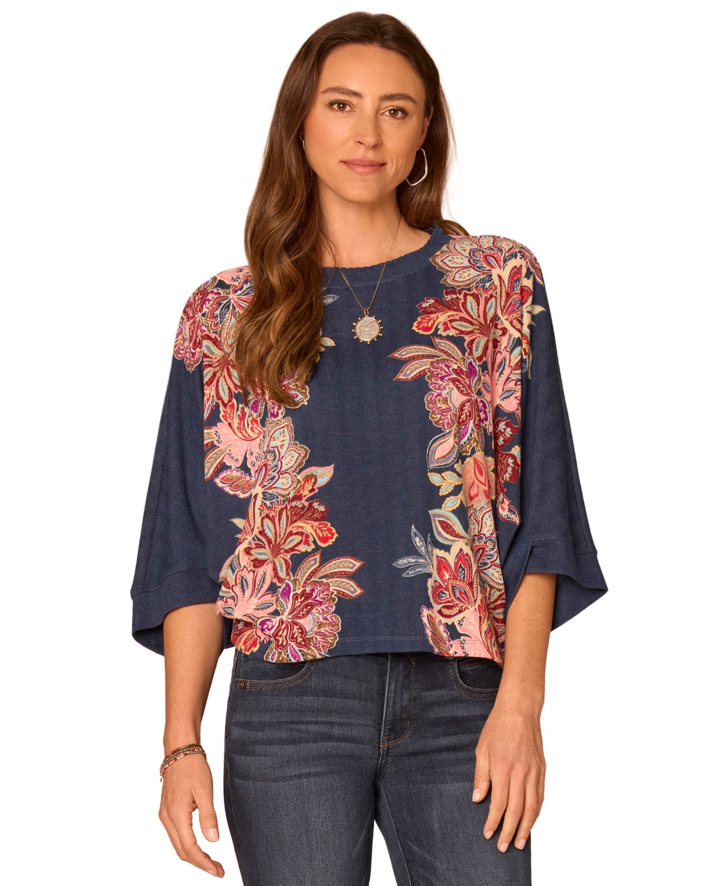Женская блузка Democracy Petite Floral 3/4-Length Dolman Scoop-Neck Blouse, цвет: Тёмно-синий розовый теневой — фото 2