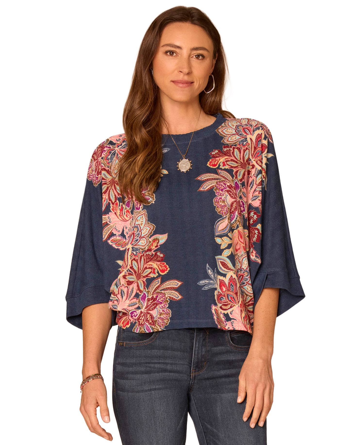 Petite Floral 3/4-Length Dolman Scoop-Neck Blouse