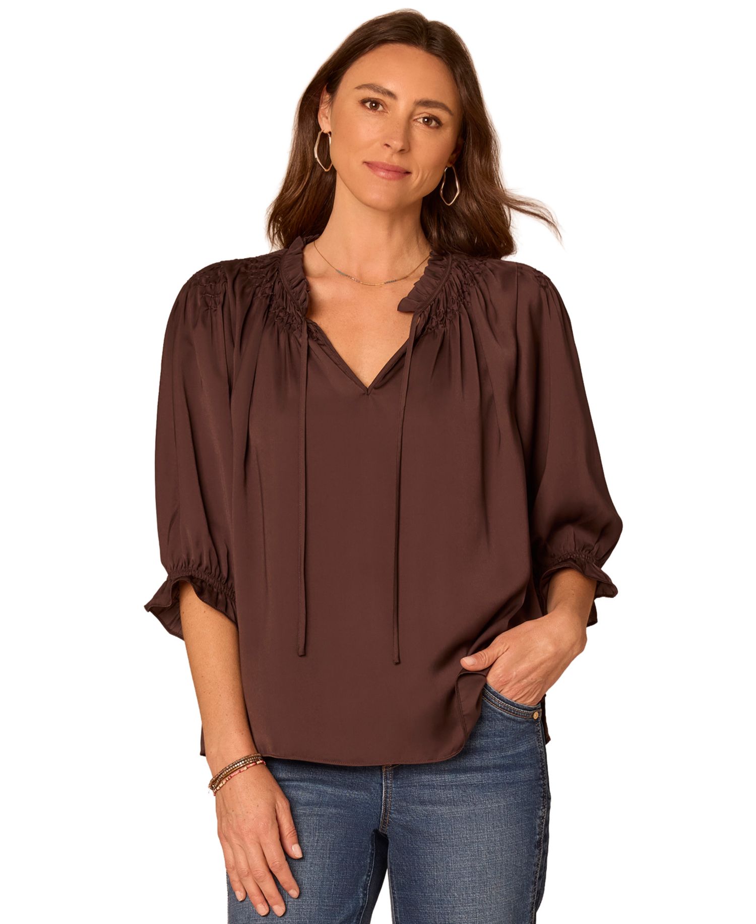 Women's Petite 3/4-Sleeve Split-Neck Honeycomb-Embroidered Blouse