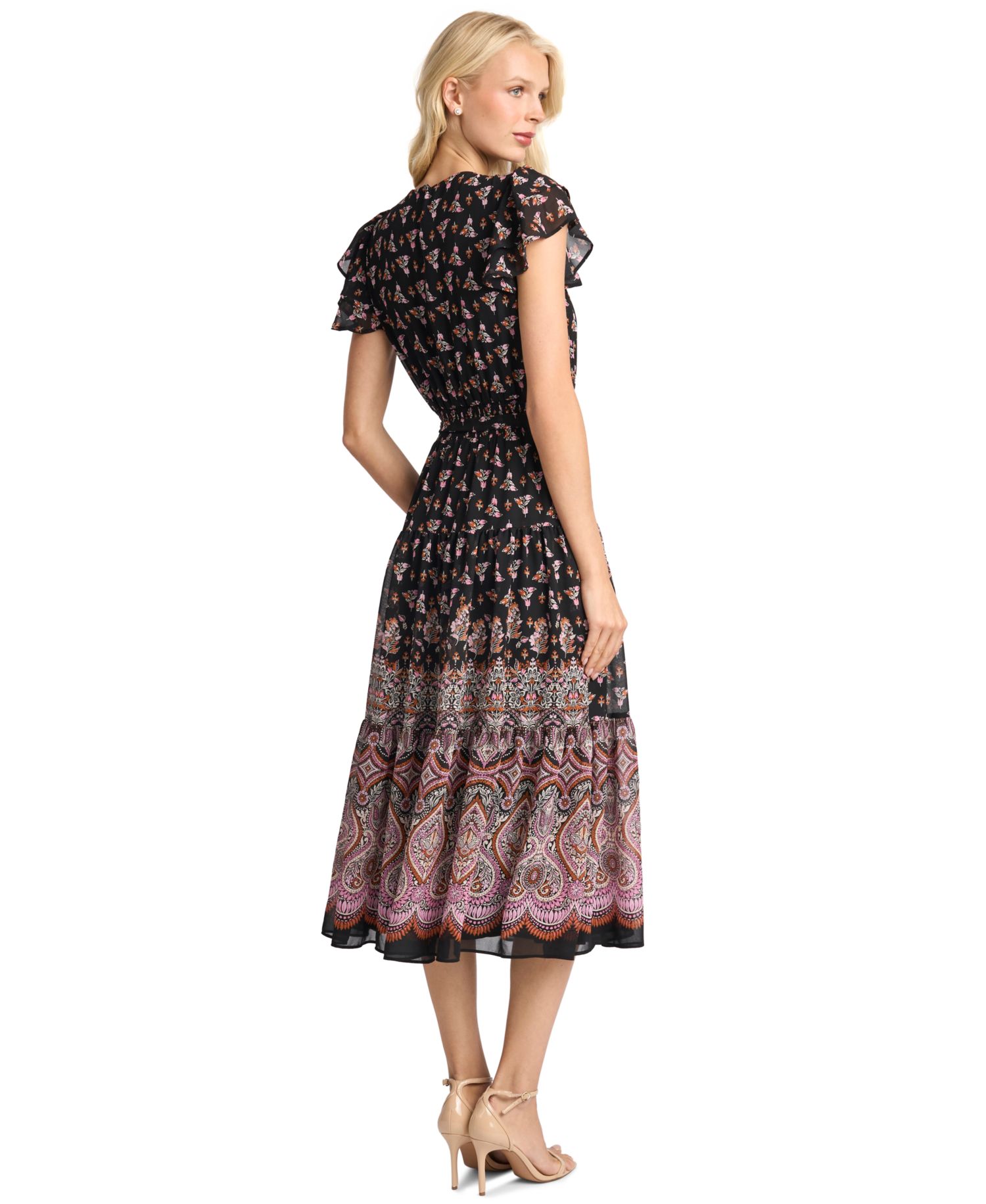 Women's Flutter-Sleeve Tie-Waist Midi Dress