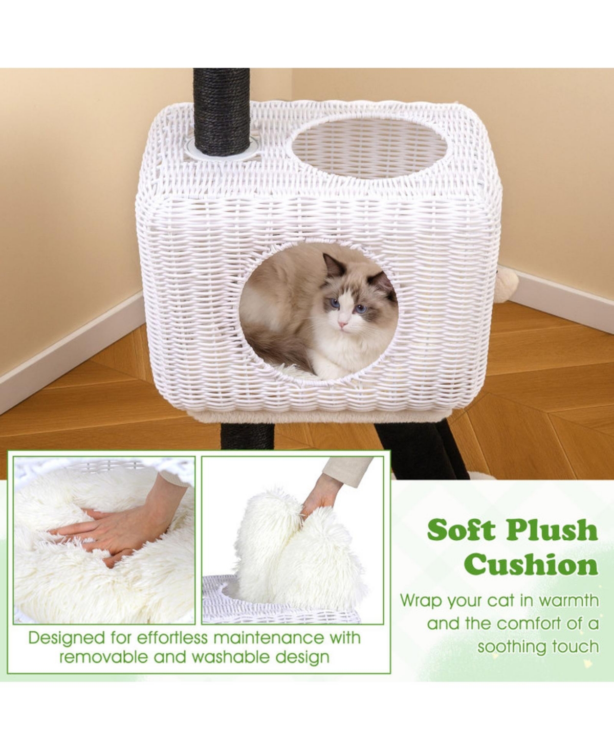 Hongge Lamb-Shaped 43 Inch Cat Tower with 2-Door Rattan Condo