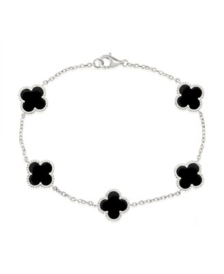 Sterling Silver, Onyx Clover, Beaded Outline Bracelet
