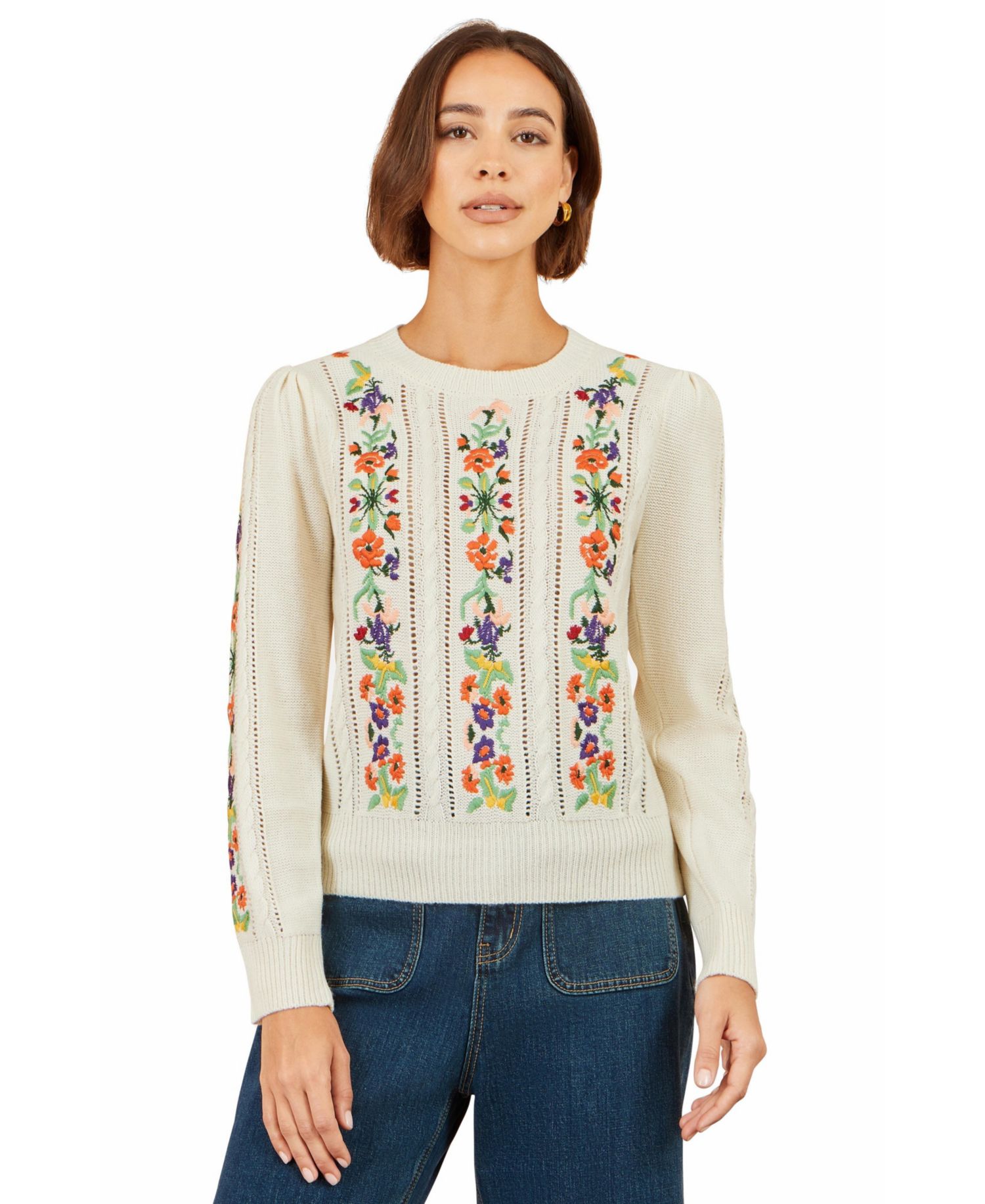 Women's Cable-Knit Floral-Embroidery Puff-Sleeve Crewneck Sweater
