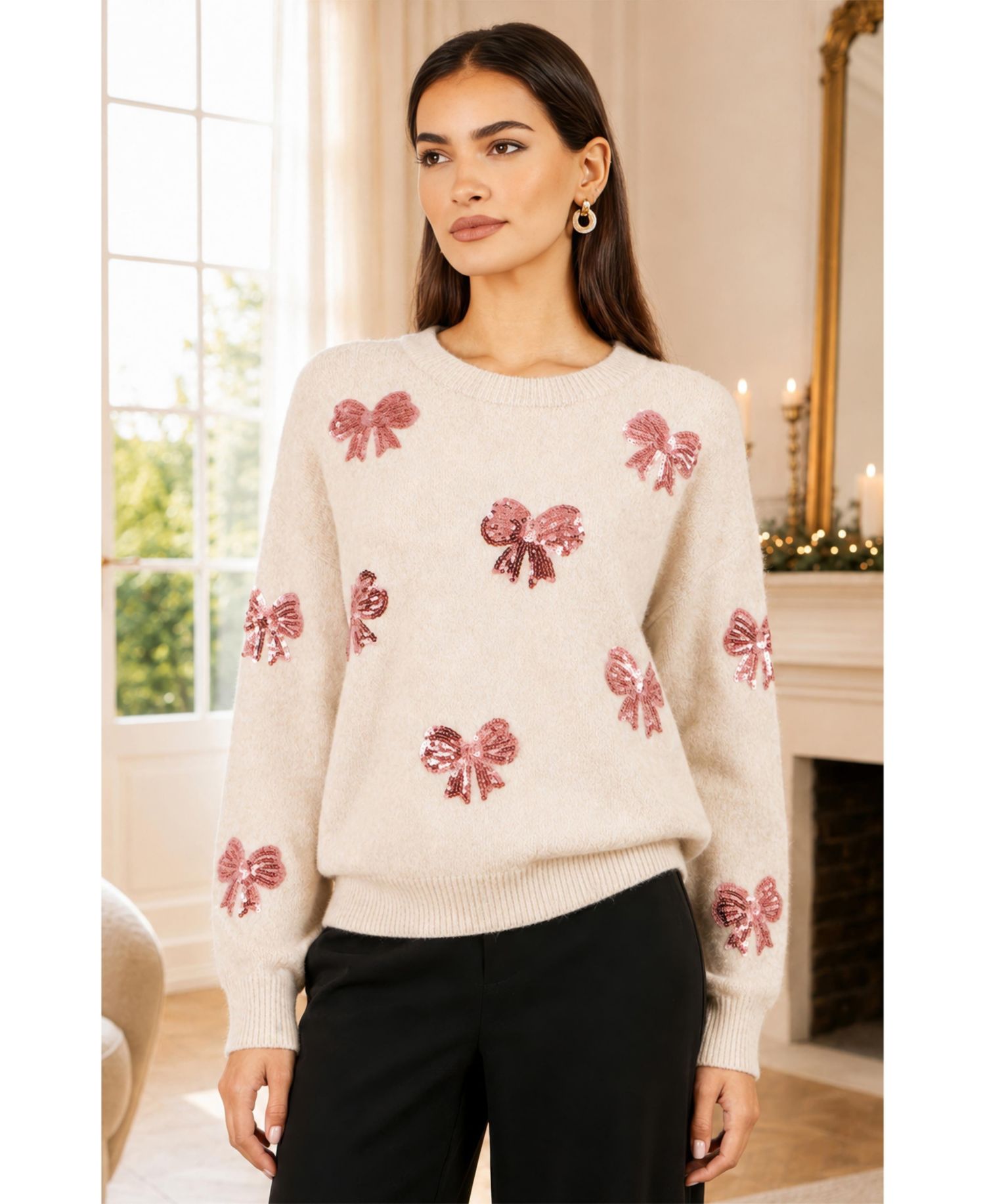 Women's Relaxed Sequin Bow Sweater