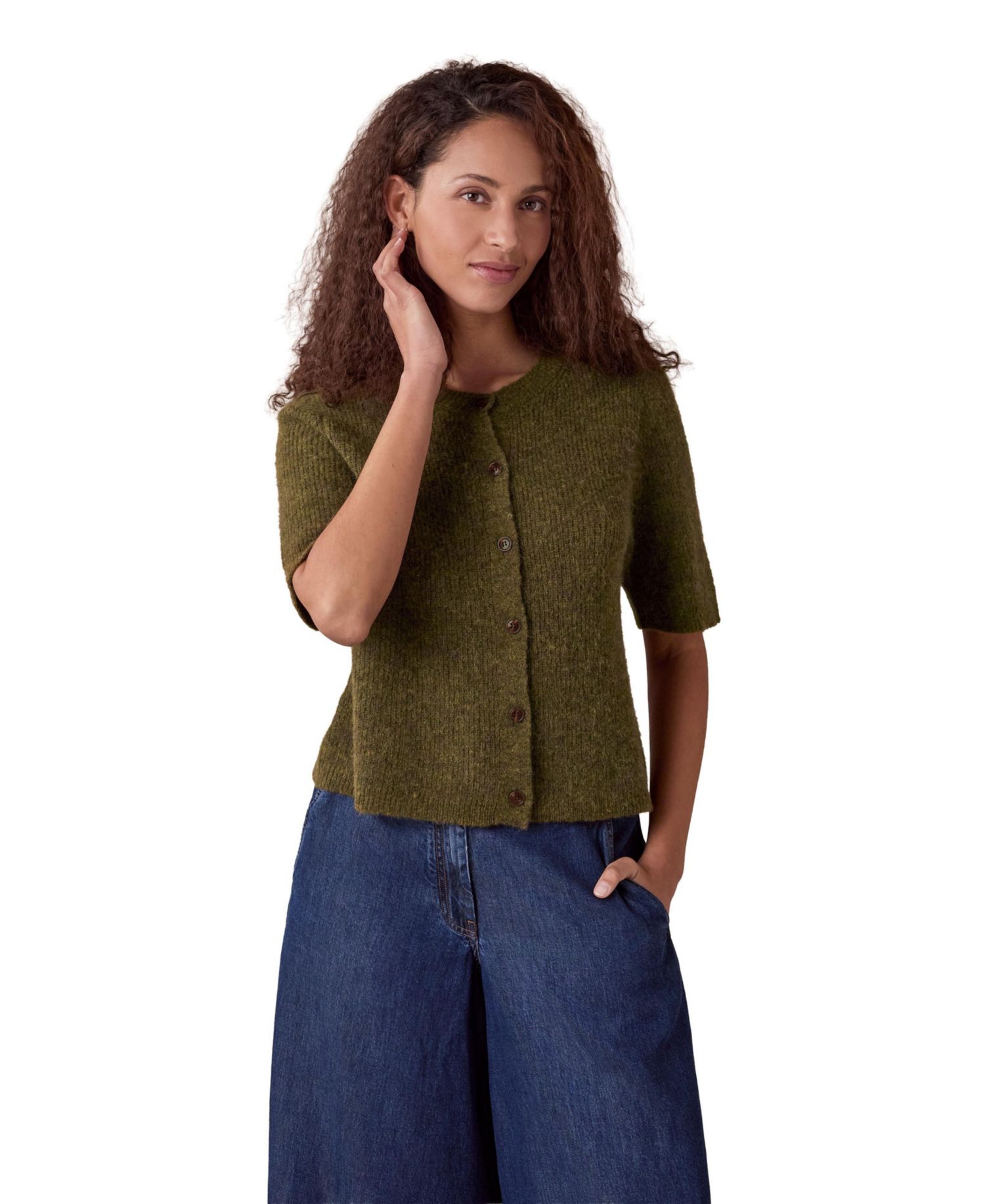 Women's Alpaca-Blend Ribbed Short-Sleeve Cardigan