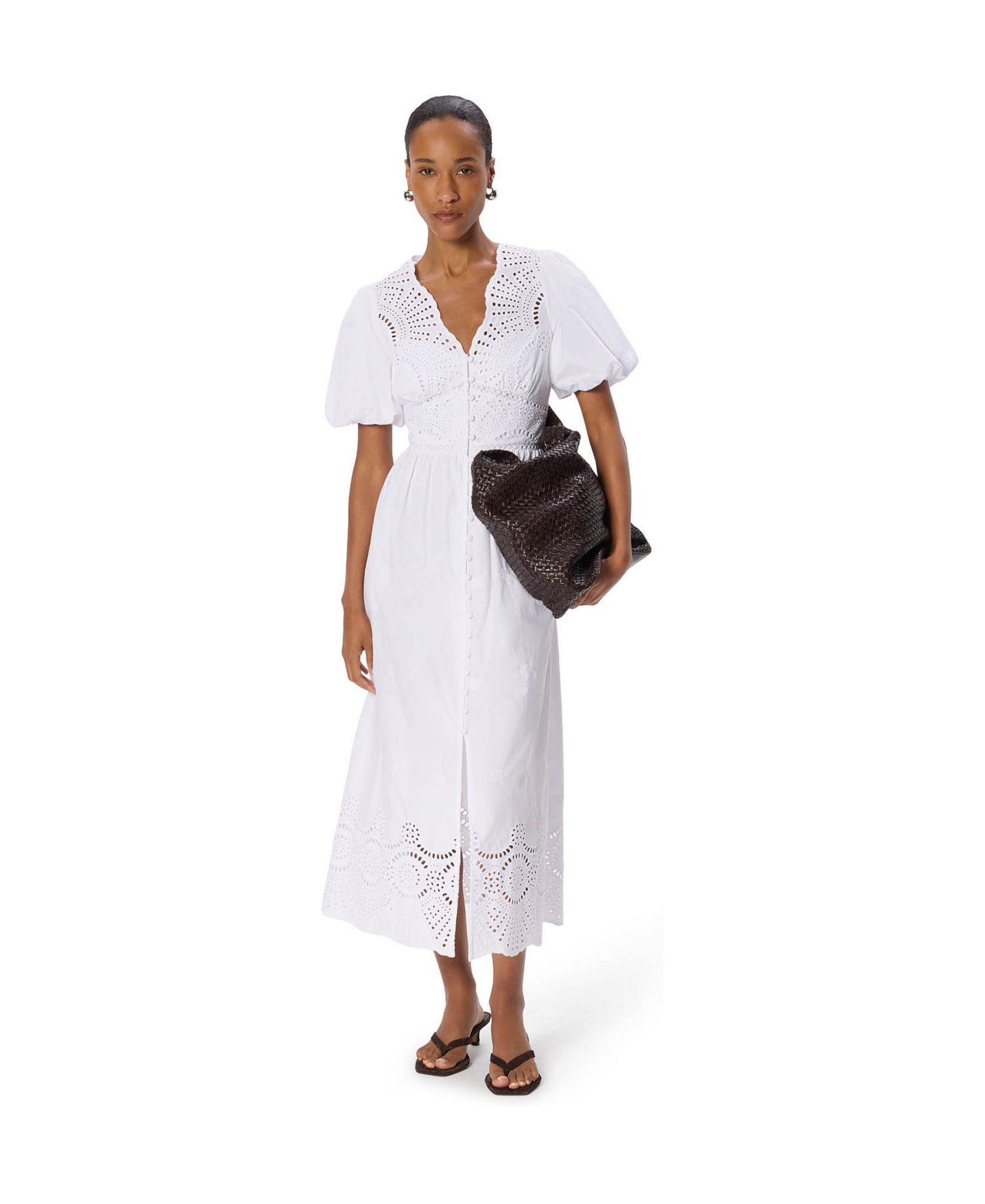 Women's Broderie V-Neck Voluminous Short-Sleeve Midi Dress