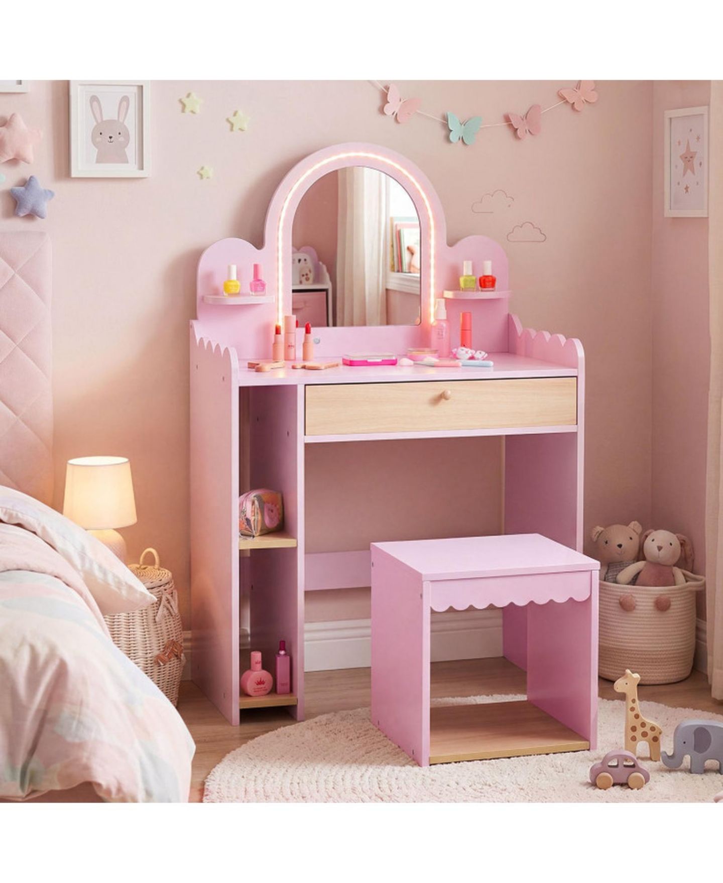 Детские игрушки HONGGE Lighted Makeup Mirror 2-Piece Vanity and Chair Set, Ages 3+, цвет: Розовый / Коричневый — фото 11