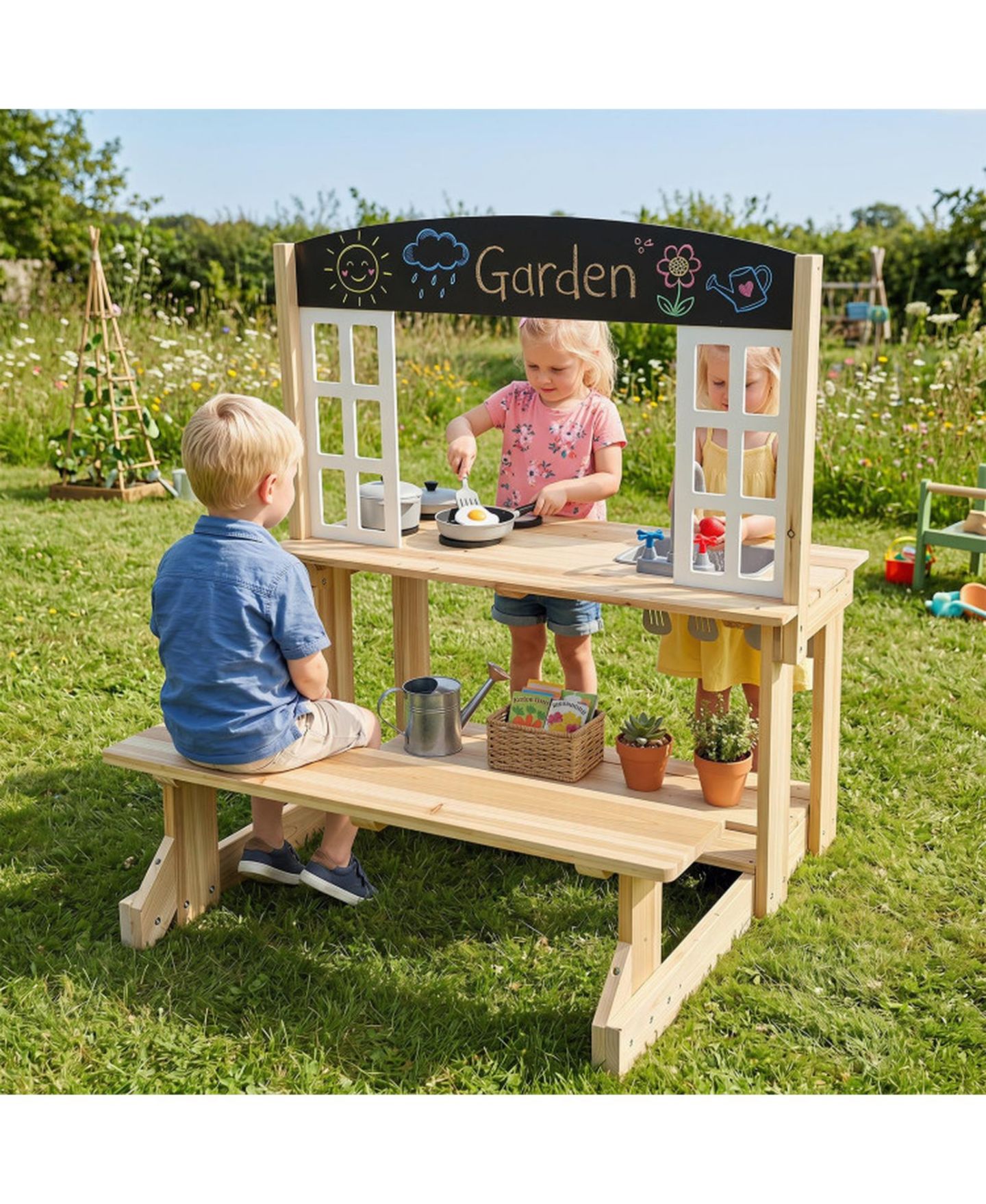 Детский игровой набор HONGGE Wooden Outdoor 2-in-1 Mud Kitchen Playset, Ages 3+, цвет: Натуральный — фото 2