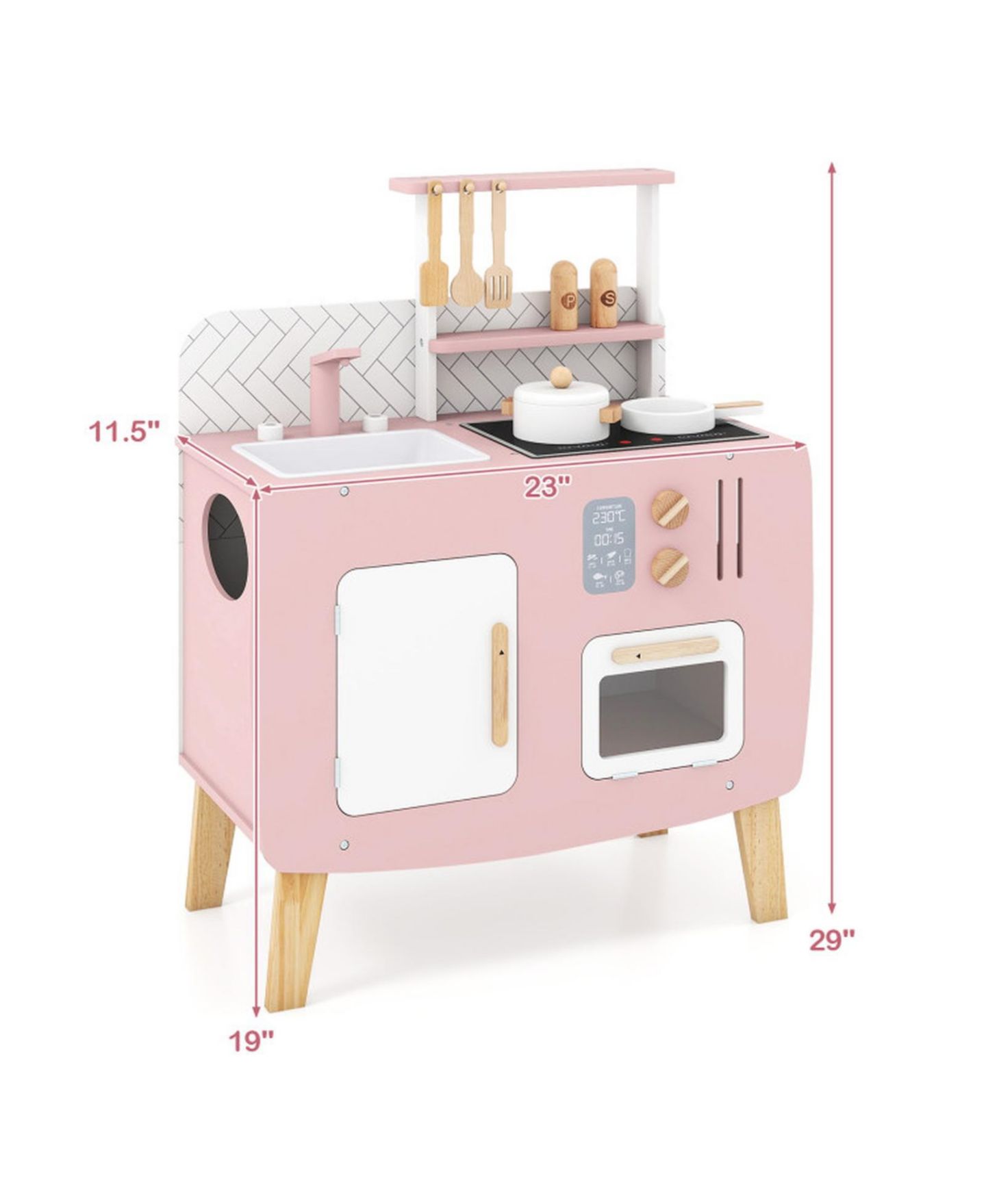 Детские игрушки HONGGE Four-Station Wooden Play Kitchen, 7-Piece Set, Ages 3+, цвет: Розовый / Белый — фото 3