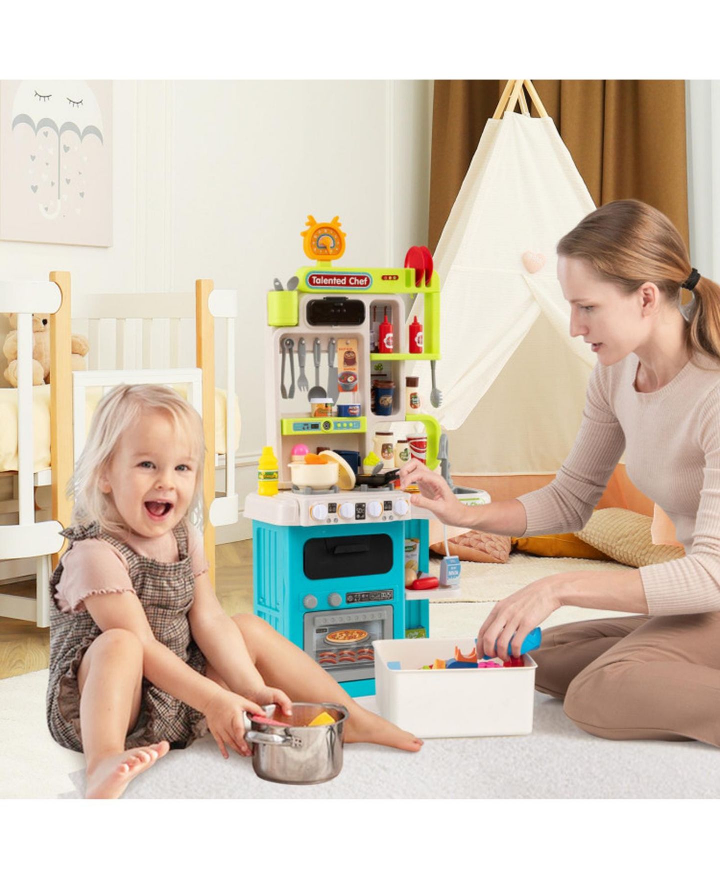 Детские игрушки HONGGE Corner Play Kitchen With Steam Sounds, 95-Piece, Ages 3+, цвет: Океанский синий — фото 2