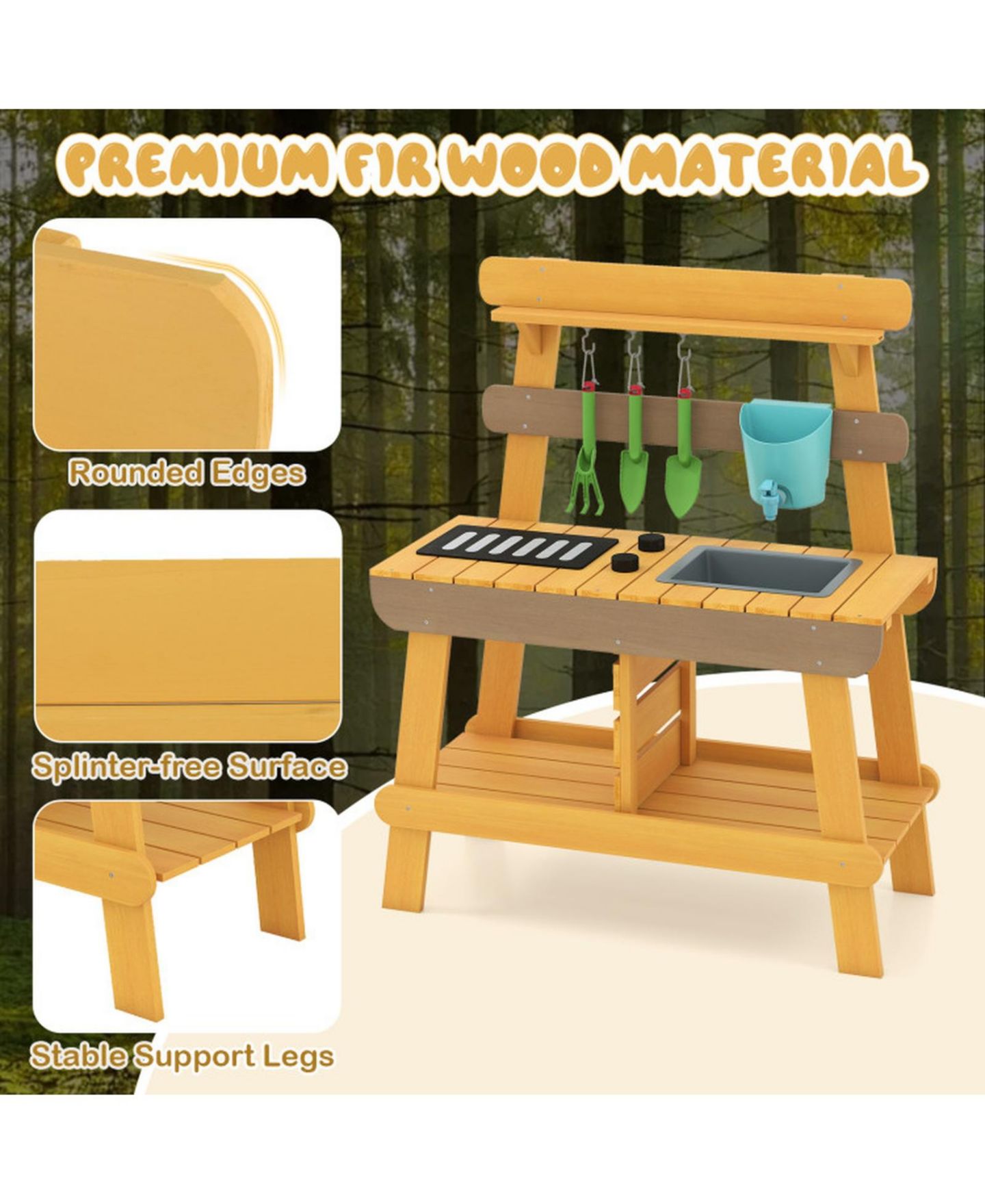 Детская игрушка HONGGE Outdoor Wooden Mud Kitchen with Grill Rack and Garden Tools, цвет: Однотонный — фото 4