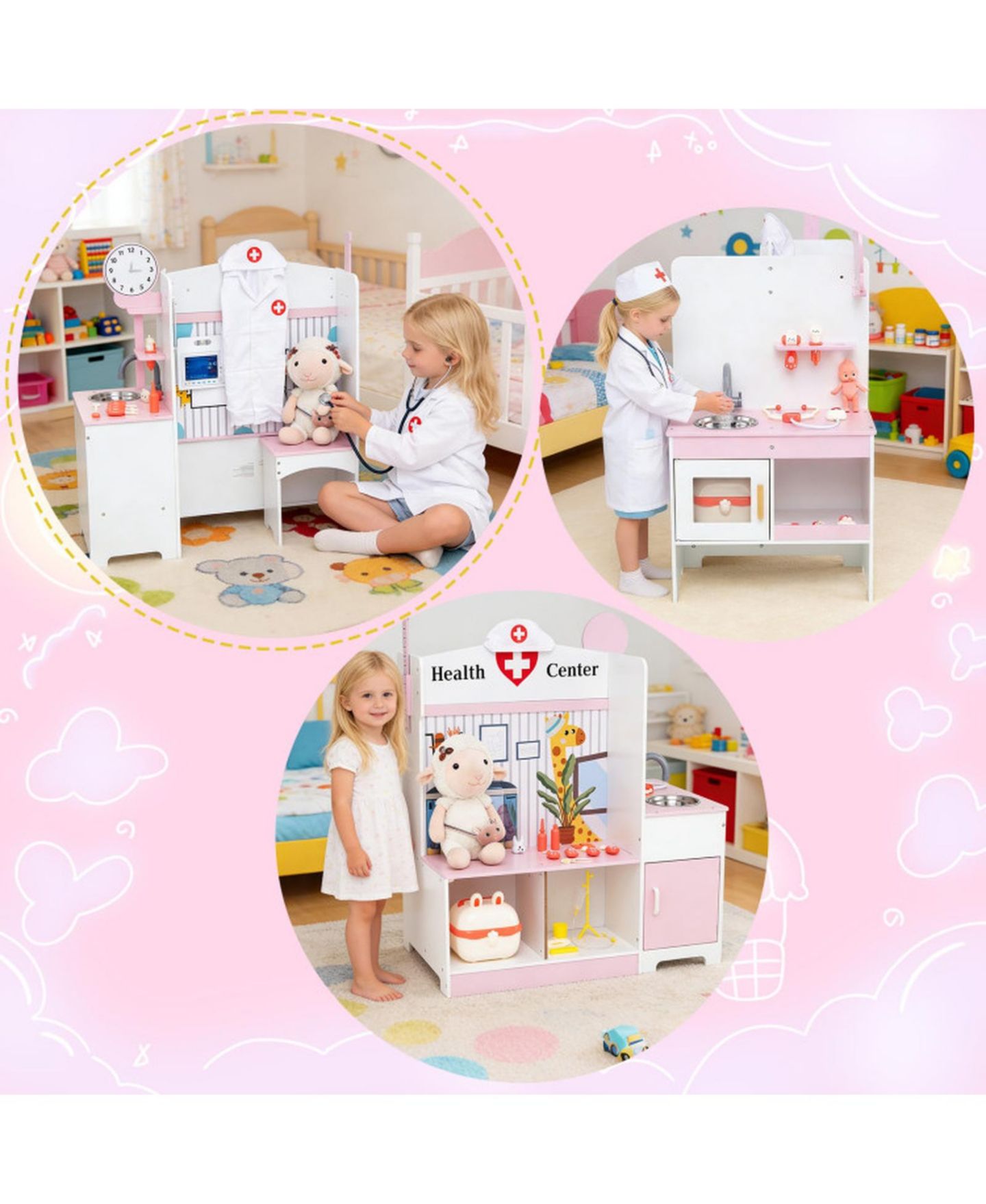 Детские игрушки HONGGE Kids Doctor Adjustable Height Bar Hand Washing Station 27-Piece Play Set, Ages 3+, цвет: Розовый / Белый — фото 10