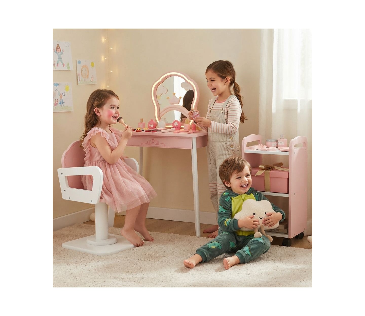 Детский игровой набор HONGGE Hair Salon LED Mirror and Swivel Chair 10-Piece Playset, Ages 3+, цвет: Розовый / Белый — фото 3