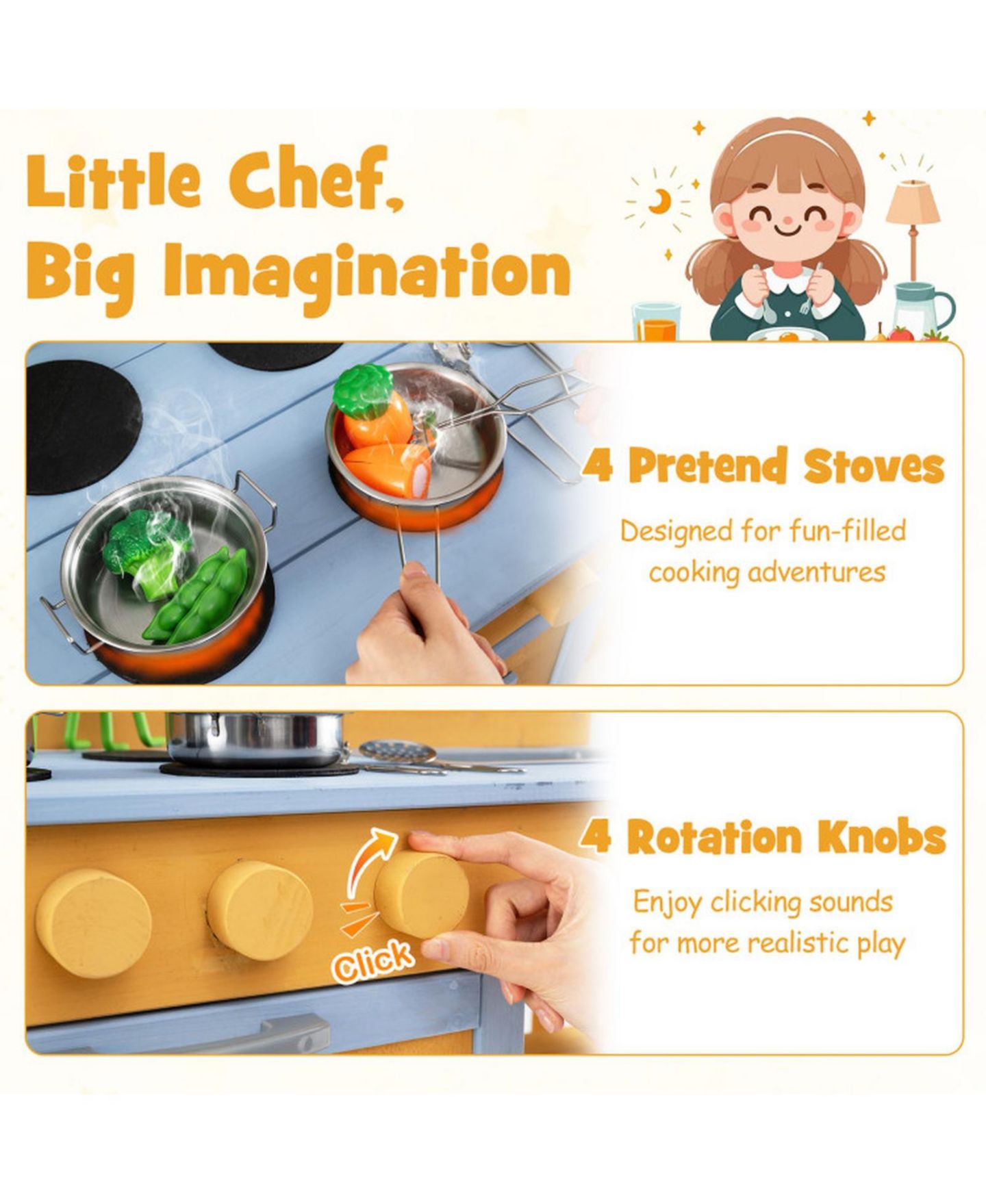 Детские игрушки HONGGE Wooden Mud Kitchen 2-Sink, 4-Stove 14-Piece Play Set, Ages 3+, цвет: Натуральный — фото 5