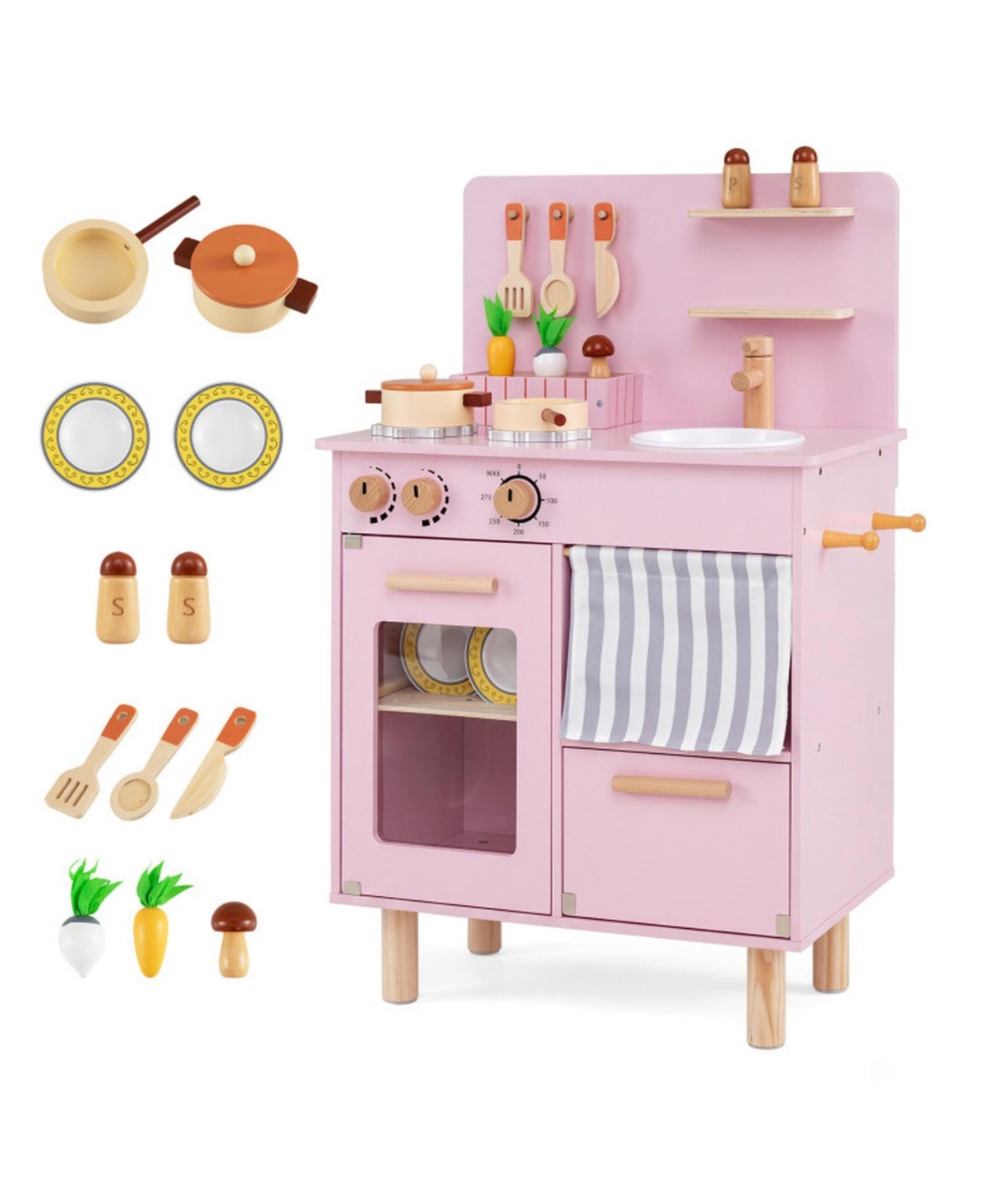 Hongge Toddler Wooden Play Kitchen with Dishwasher and Toy Foods, Ages 3+