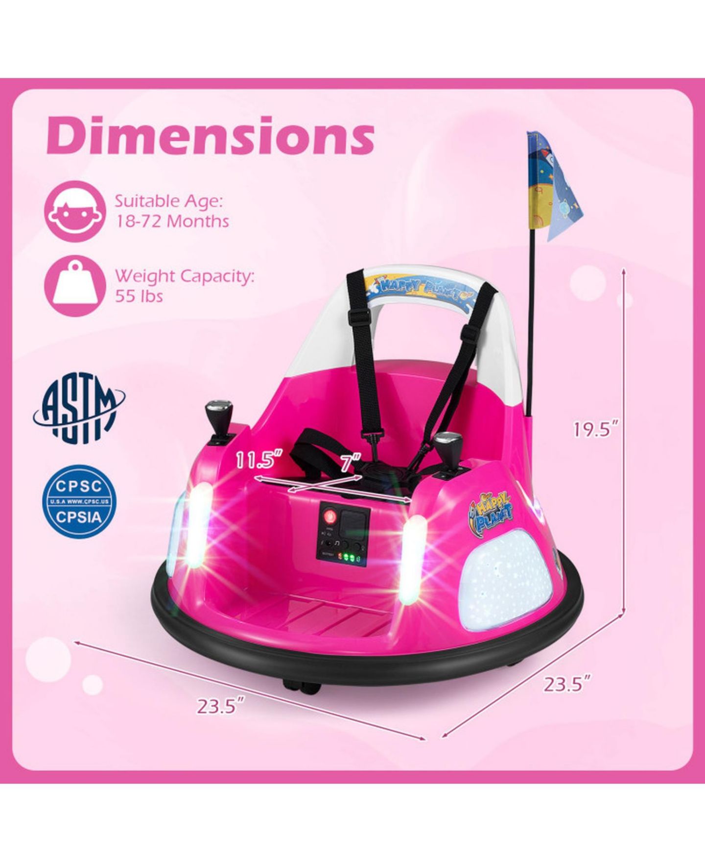 Детская игрушка HONGGE 12V Kids Ride On Bumper Car with Dual Joystick Control and Remote Control, Ages 18 Months+, цвет: Розовый — фото 3