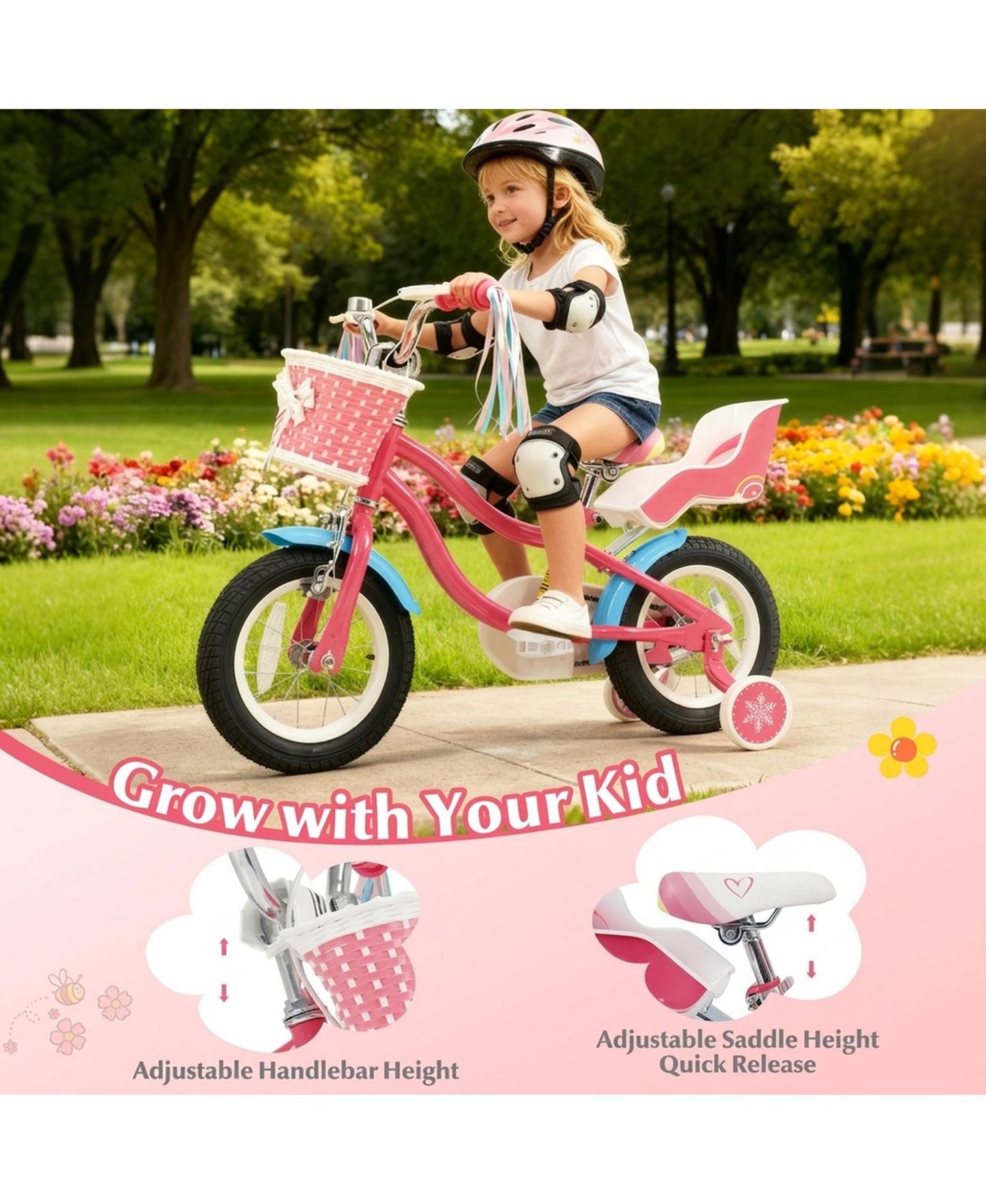 Детская игрушка HONGGE 12-Inch Girls' Bike with Doll Seat, Front Basket and Training Wheels, Ages 3-4, цвет: Розовый — фото 8