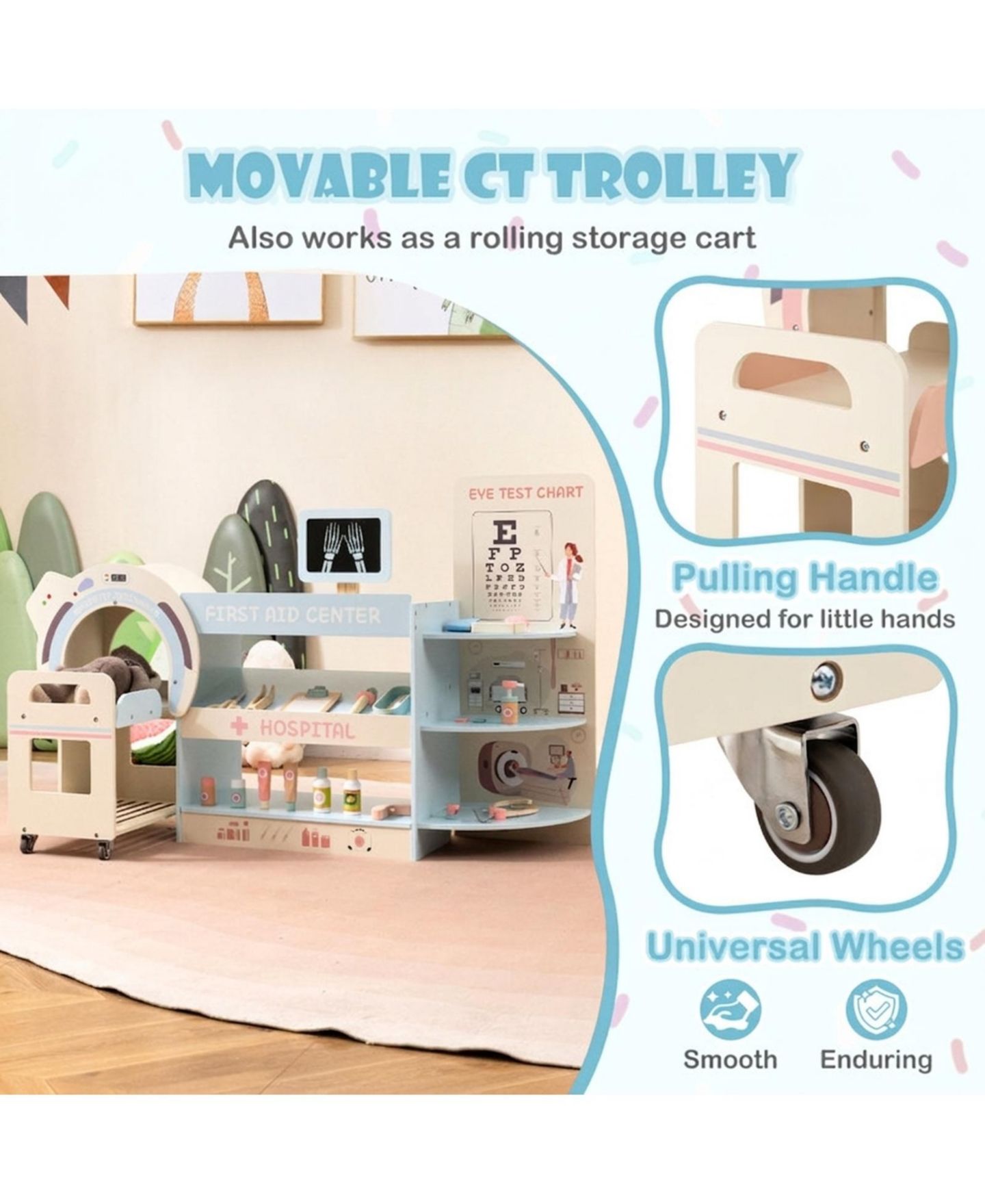Детский игровой набор HONGGE Kids Wooden Doctor Play Set with Toy CT Machine and Eye Chart Ages 3, цвет: Синий — фото 8