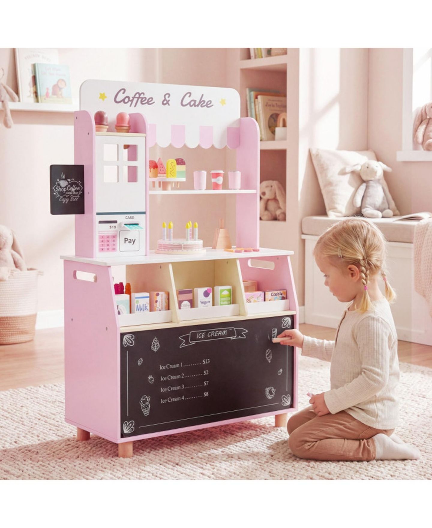 Детский игровой набор HONGGE Ice Cream Shop Rotating Popsicle Rack 27-Piece Playset, Ages 3+, цвет: Розовый — фото 11