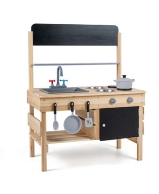 Kids Wooden Outdoor Mud Kitchen with Stainless Steel Sink and Stoves Ages 3