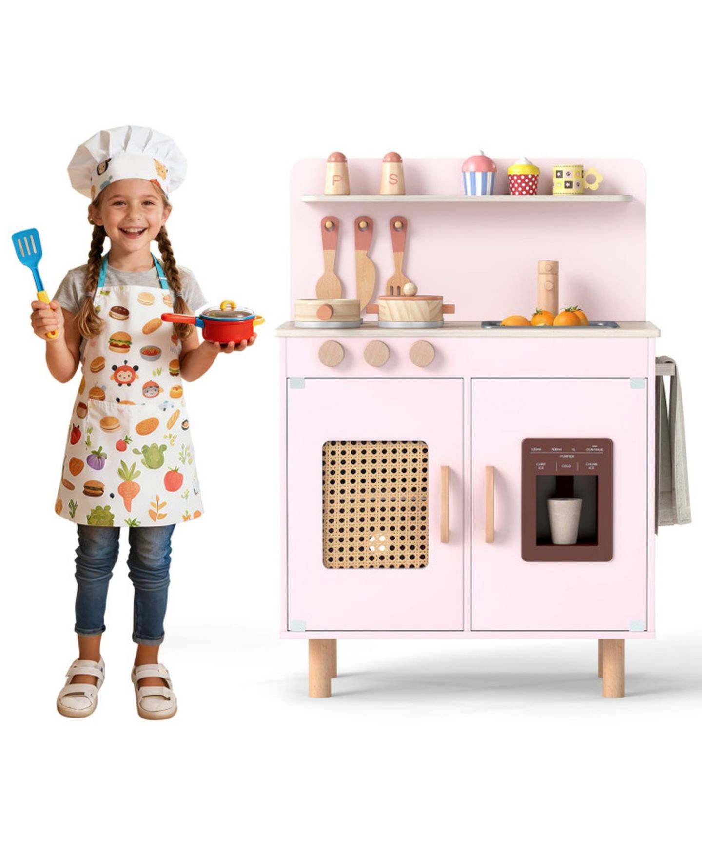 Детский игровой набор HONGGE Kids Wooden Play Kitchen Playset with Working Ice Maker and Sink Ages 3, цвет: Розовый — фото 11