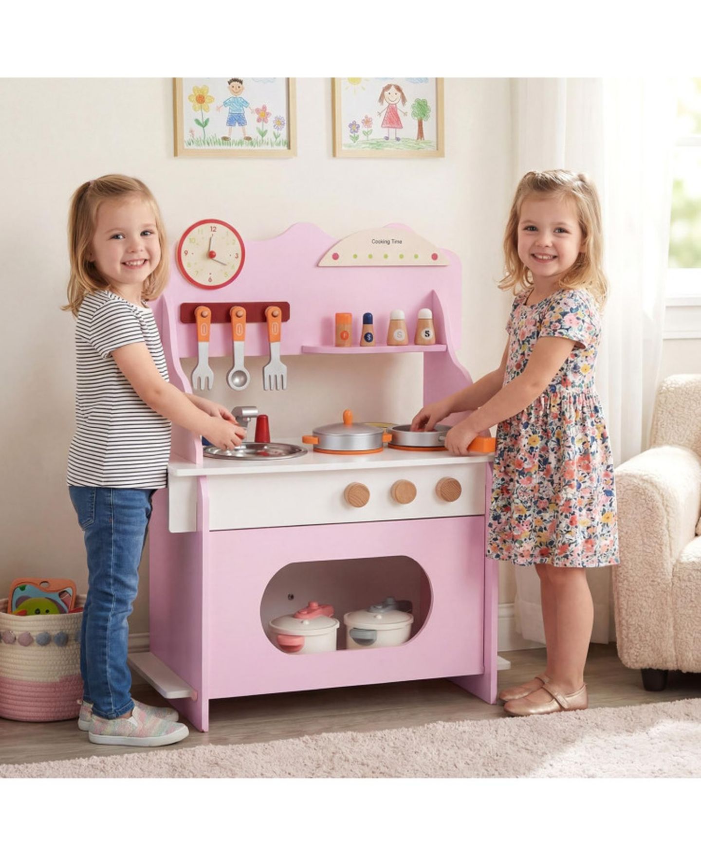Детские игрушки HONGGE Wooden Double-Burner Play Kitchen with Learning Clock, 12-Piece Set, Ages 3+, цвет: Розовый — фото 2