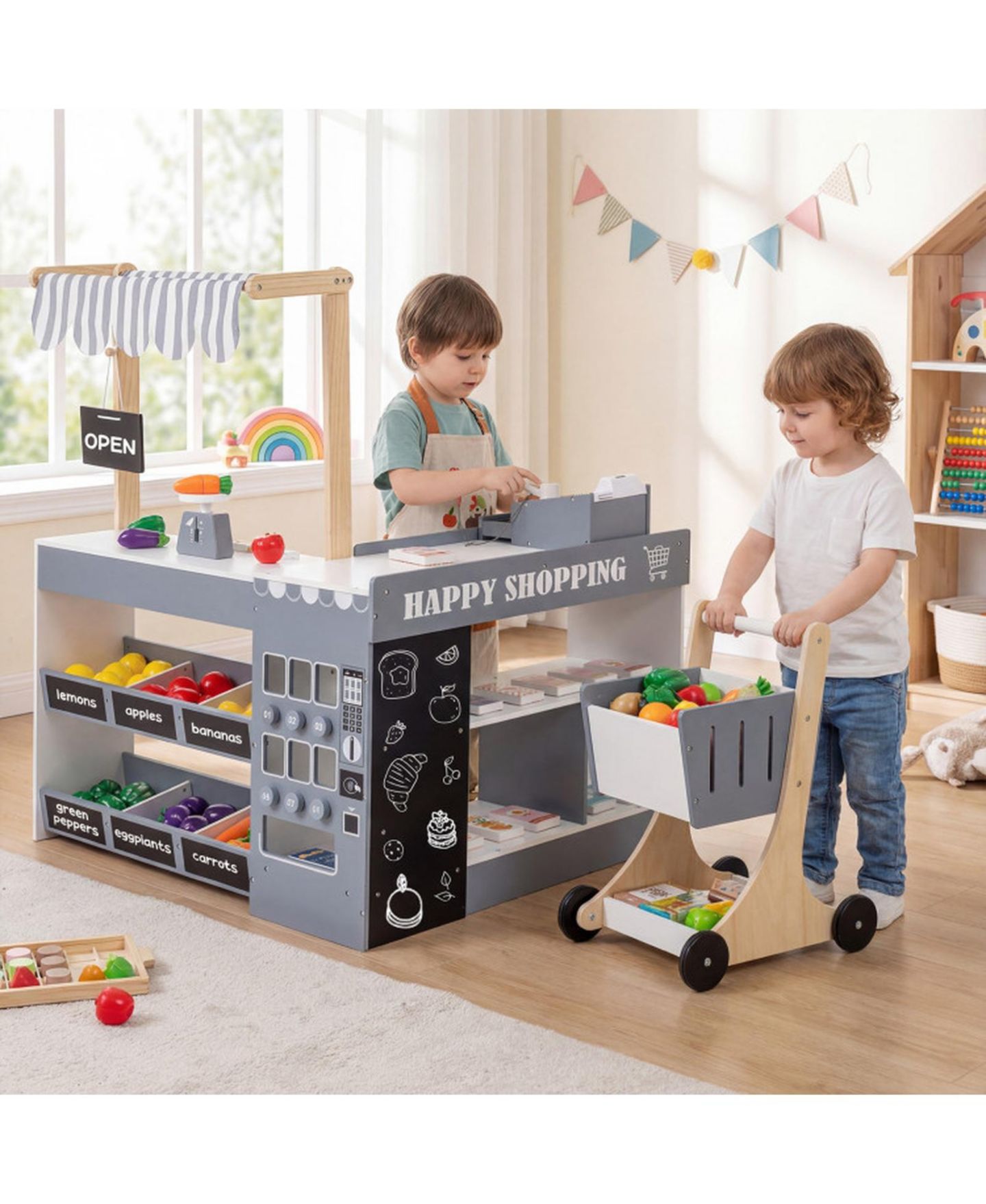 Детский игровой набор HONGGE Kids' Wooden Grocery Store Playset with Shopping Cart and Cash Register, Ages 3+, цвет: Серый — фото 11