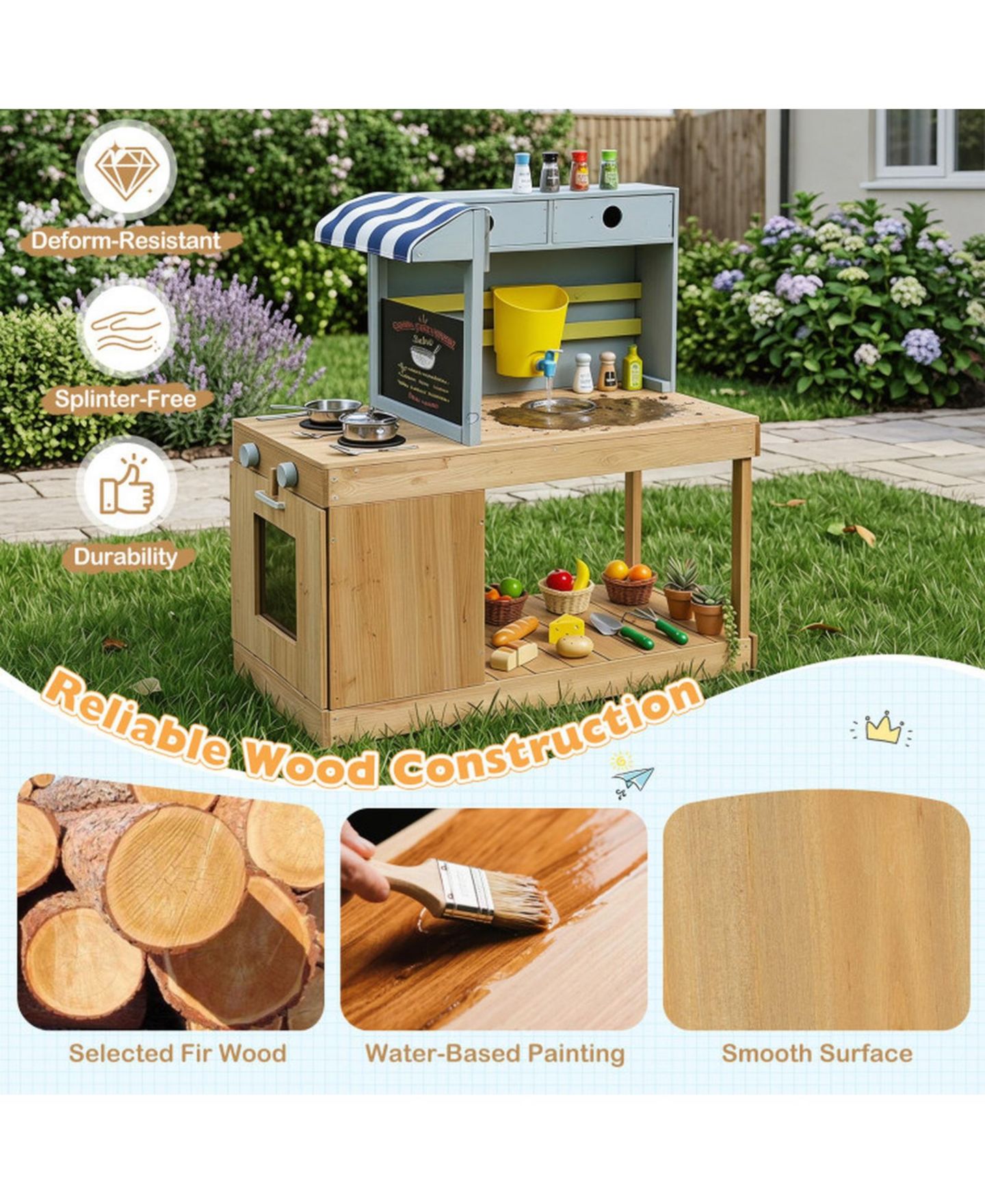 Детские игрушки HONGGE Canopy Mud Kitchen with Water Tank and Faucet, Ages 3+, цвет: Натуральный — фото 5