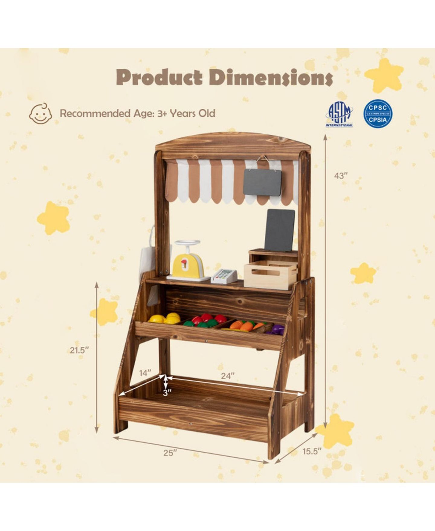 Детские игрушки HONGGE 2-in-1 Wooden Mud Kitchen and Market Stand, 25-Piece, Ages 3+, цвет: Коричневый — фото 3