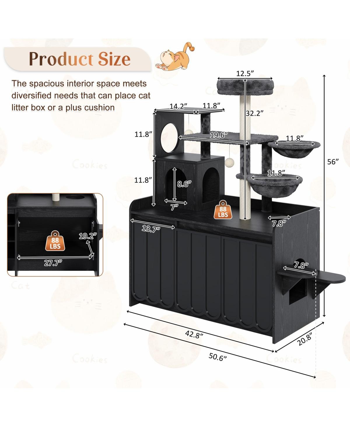 6thdruple 50.6" Cat Tree with Hidden Litter Box, Multi-Level Tower Storage and Hammocks