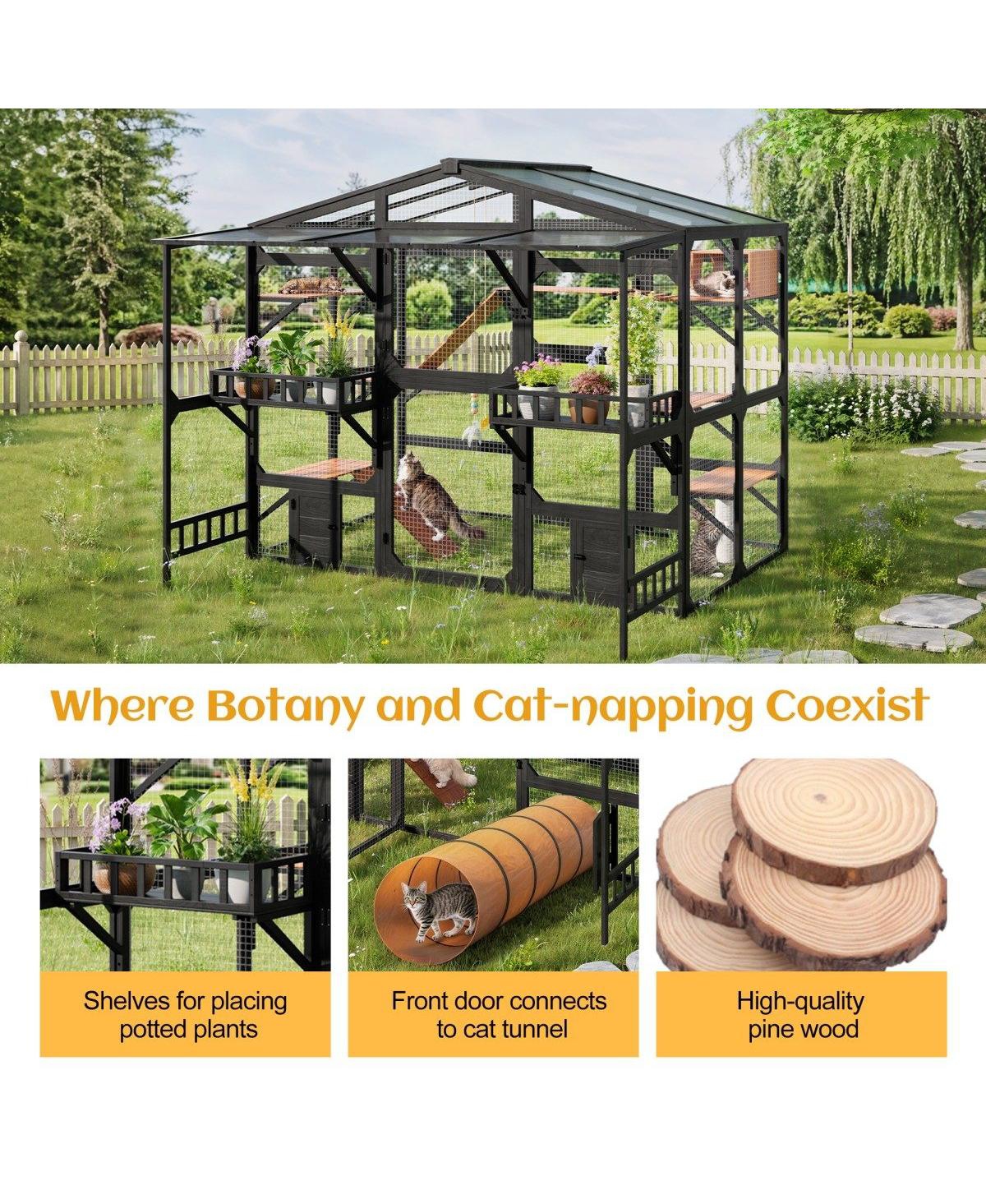 6thdruple Large Wooden Outdoor Catio for Multiple Cats, Weatherproof Pine Cat House