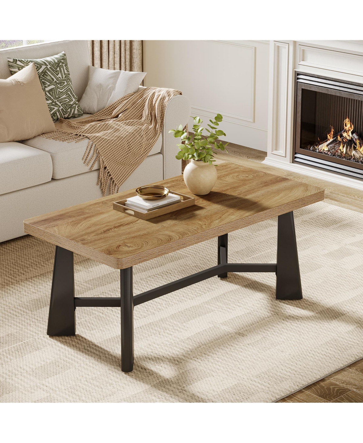 Tribesigns 47.24" Rectangular Coffee Table, Farmhouse Industrial Center Table with Wide Trapezoidal Legs for Living Room