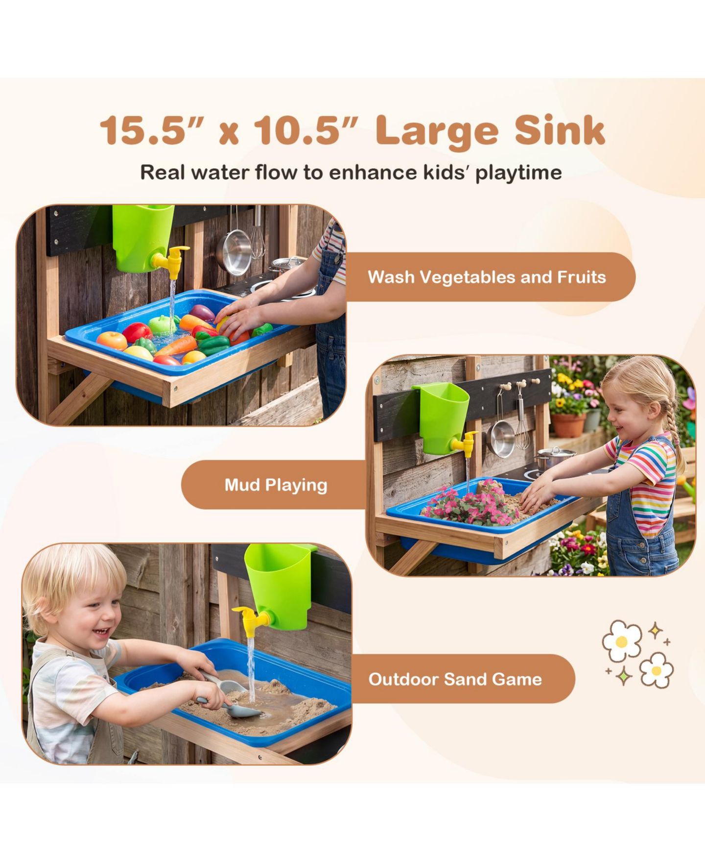 Детская игрушка Gymax Outdoor Wall Mounted Mud Kitchen for Kids Wooden Play Kitchen with Sink Faucet, цвет: Синий — фото 6