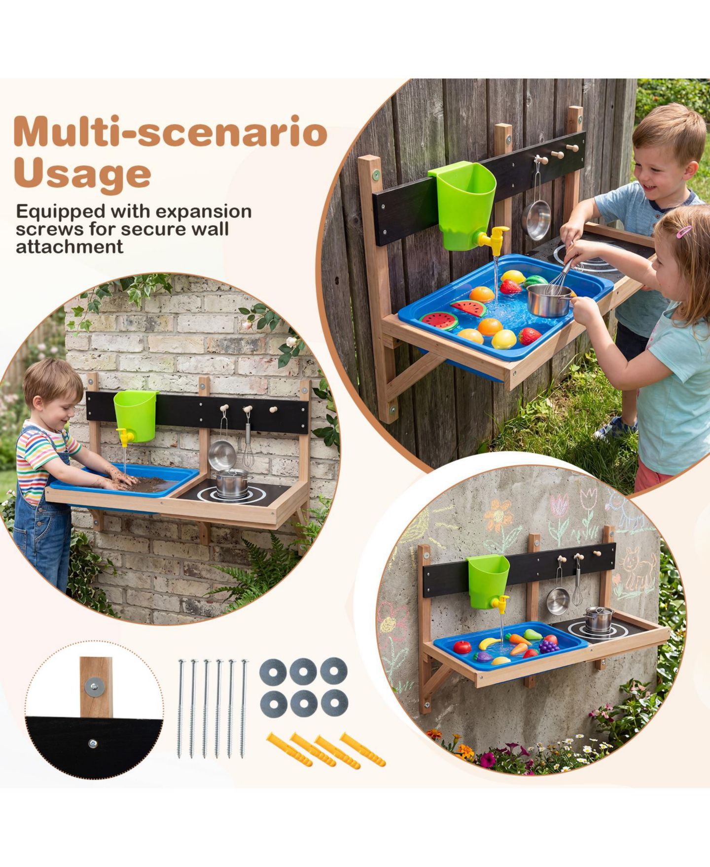 Детская игрушка Gymax Outdoor Wall Mounted Mud Kitchen for Kids Wooden Play Kitchen with Sink Faucet, цвет: Синий — фото 10