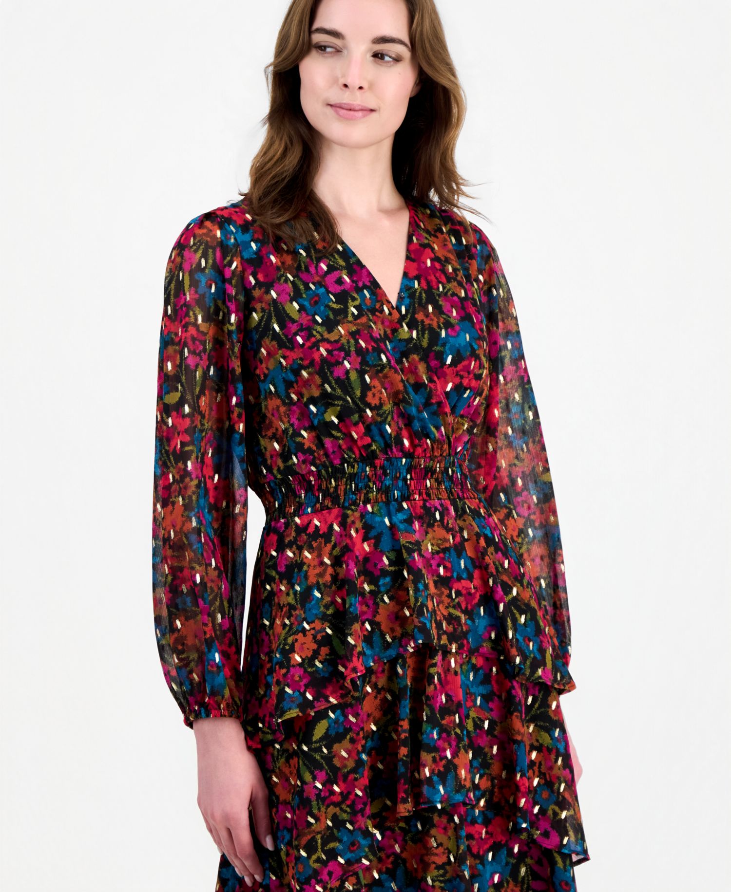 Women's Long-Sleeve V-Neck Asymmetrical Dress