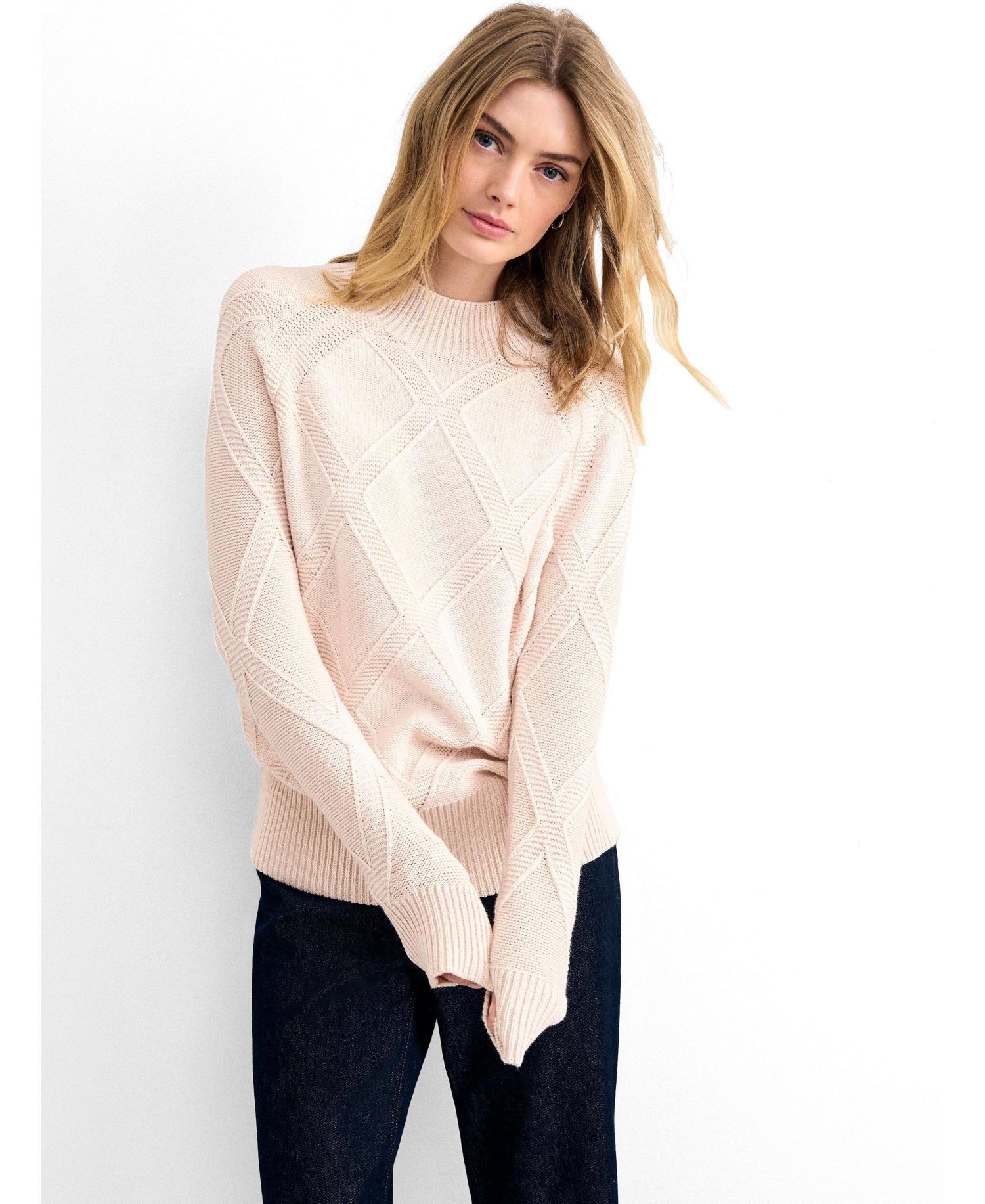 Women's Tara Mock-Neck Diamond Cable Knit Jumper