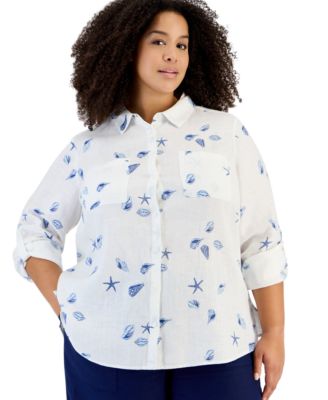 Plus Size 3/4-Sleeve Roll-Tab Linen Shirt