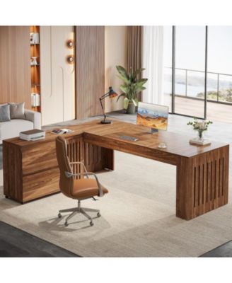 71" Executive Desk with Mobile File Cabinet:L-shaped desk with rolling drawers.Workstation with slatted legs for home office