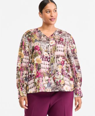 Plus Size Woven V-Neck Long-Sleeve Blouse