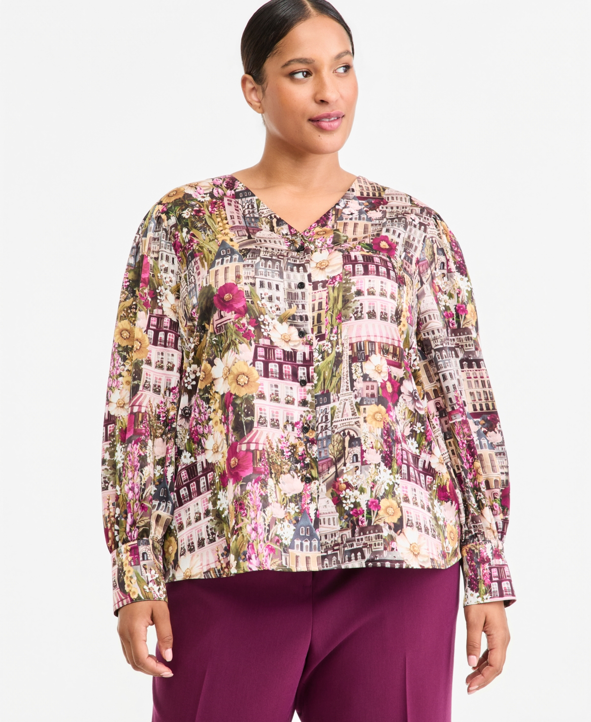 Karl Lagerfeld Paris Plus Size Woven V-Neck Long-Sleeve Blouse, Created for Macy's - Mauve Multi