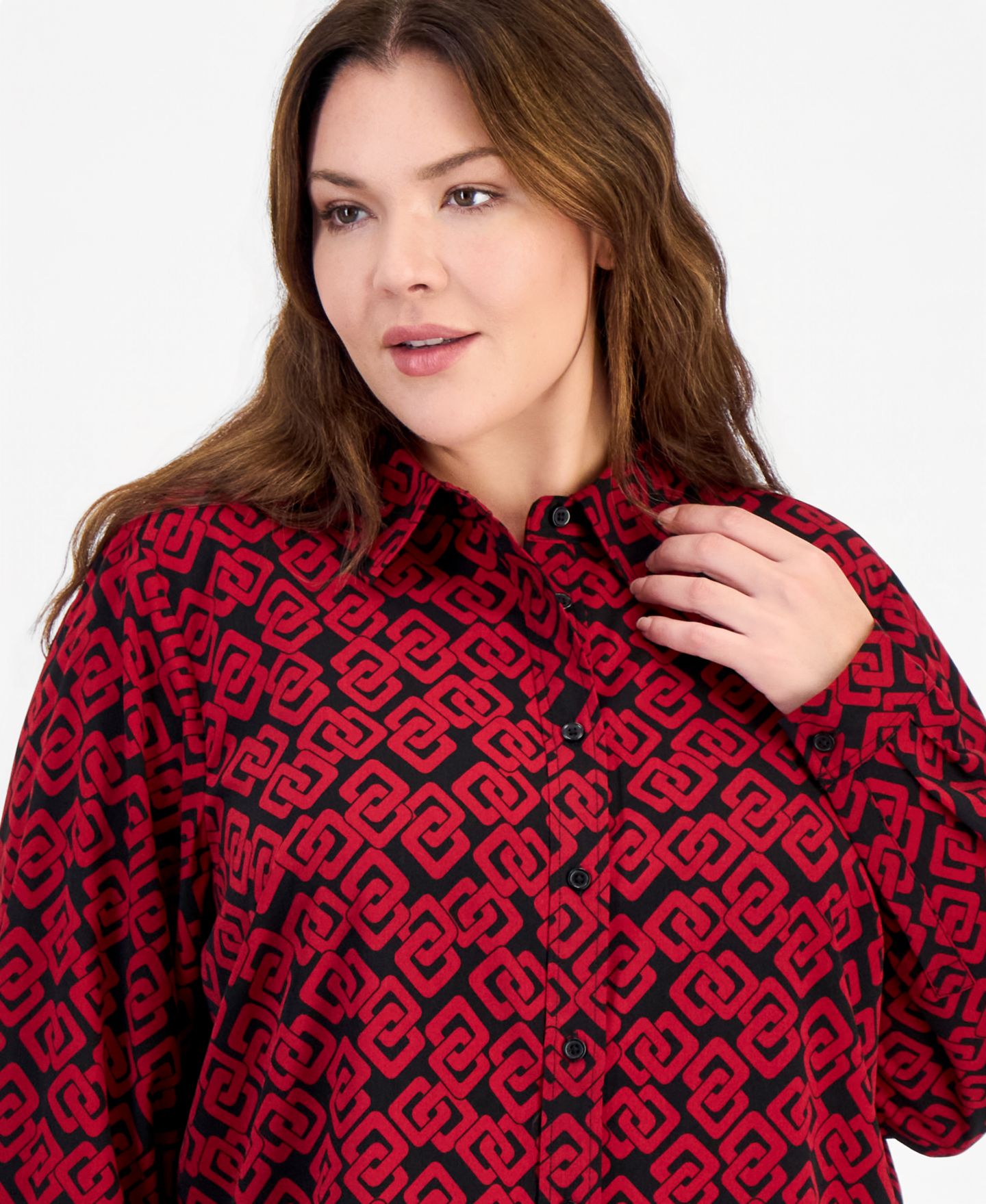 Женская блузка Anne Klein Essentials Plus Size Houndstooth Long-Sleeve, цвет: Чёрный / Красный — фото 3