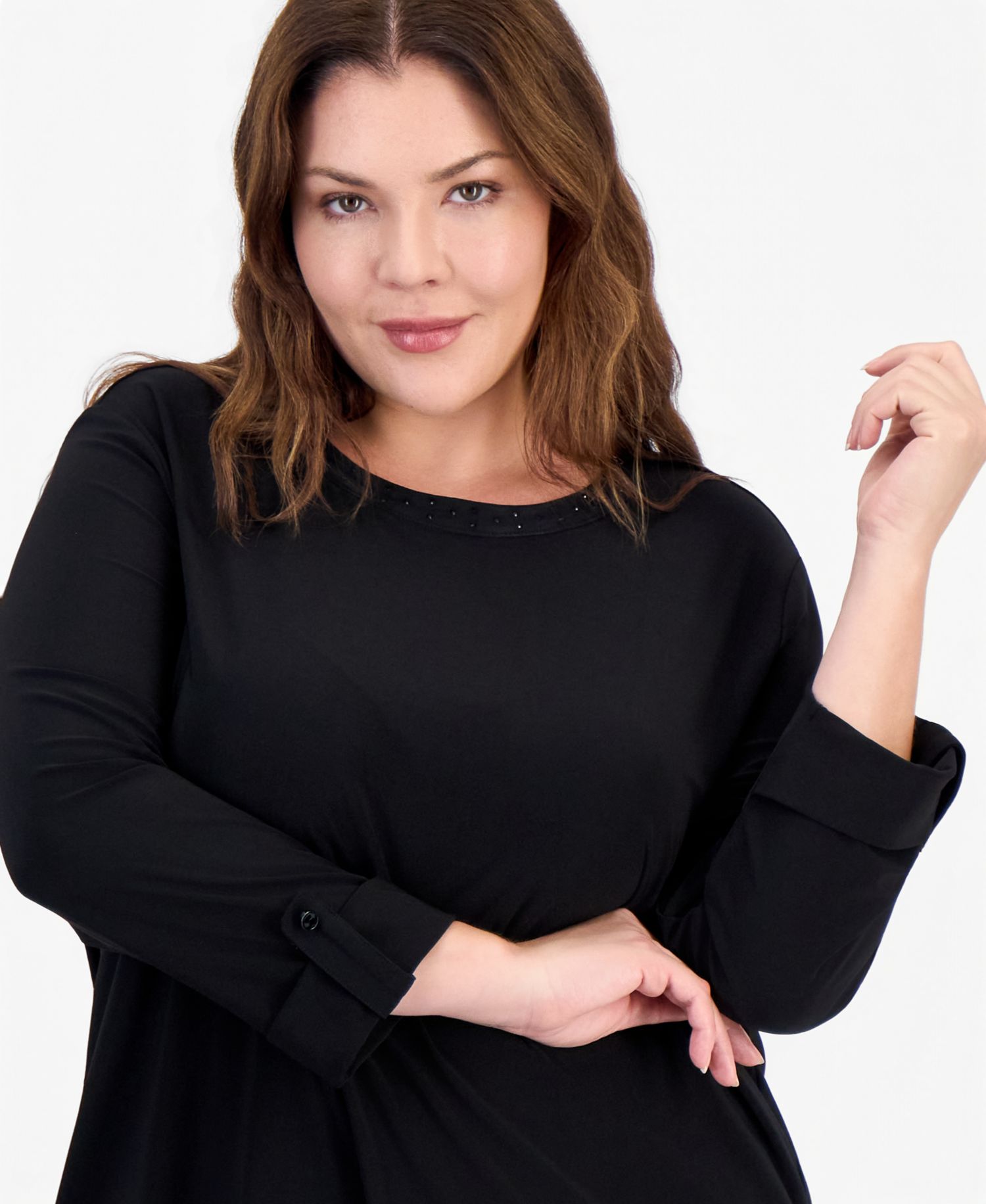 Plus Size 3/4-Sleeve Scoop Neck Roll-Cuff Top